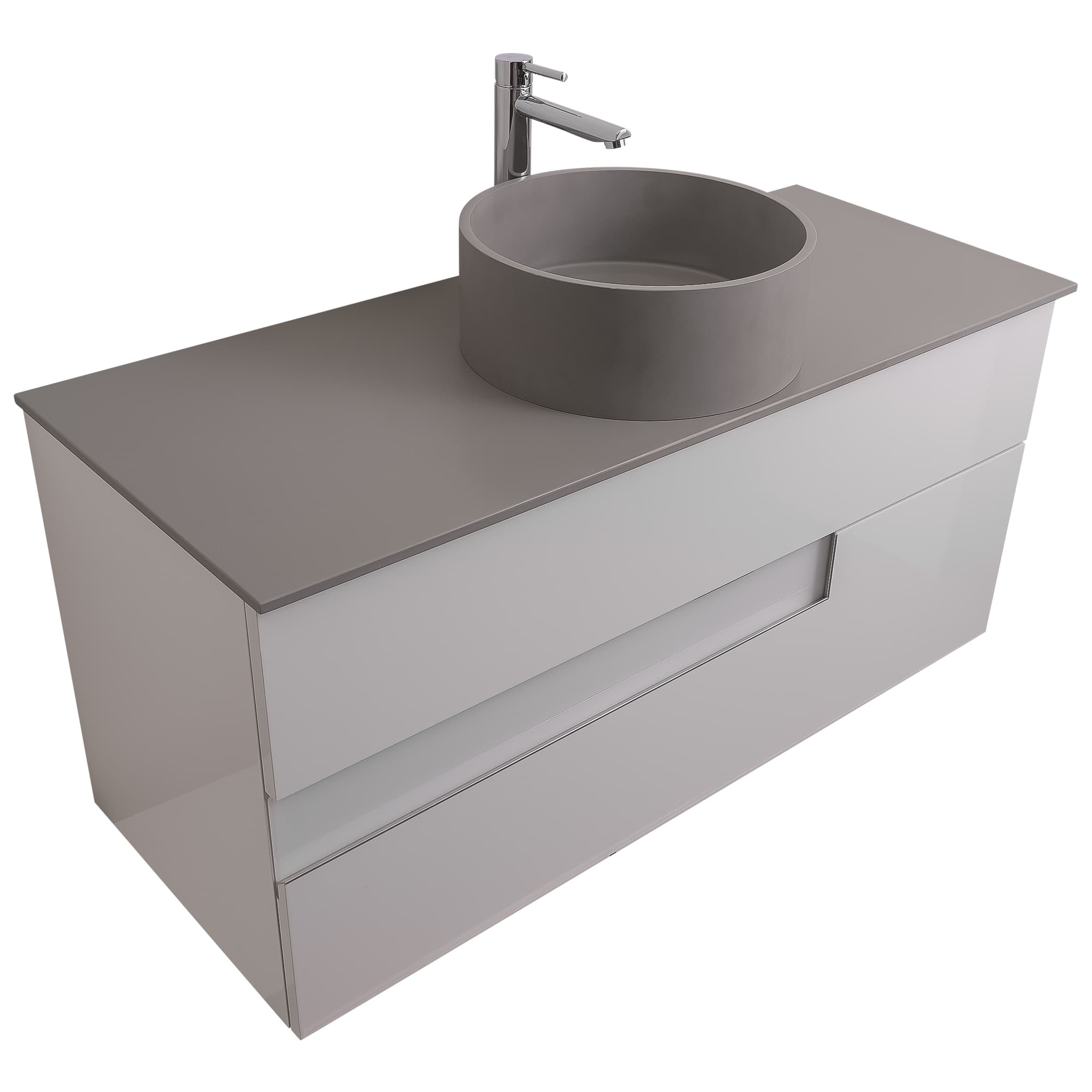 Vision 47.5 White High Gloss Cabinet, Solid Surface Flat Grey Counter And Round Solid Surface Grey Basin 1386, Wall Mounted Modern Vanity Set Bath Trends USA