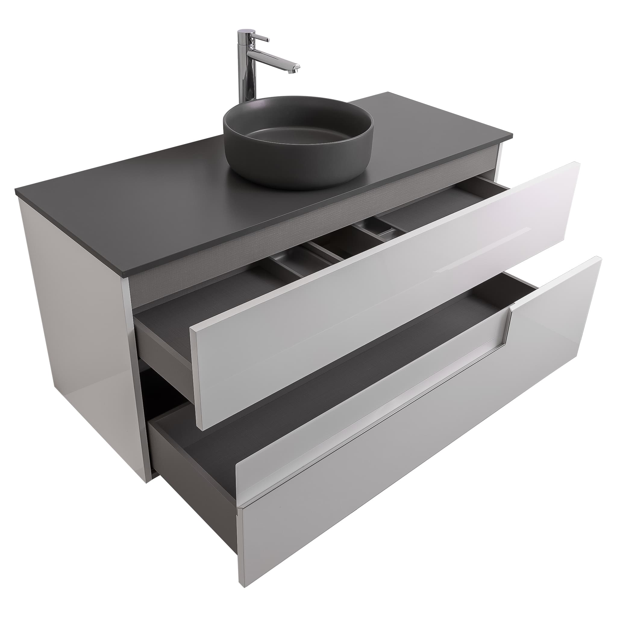 Vision 47.5 White High Gloss Cabinet, Ares Grey Ceniza Top And Ares Grey Ceniza Ceramic Basin, Wall Mounted Modern Vanity Set