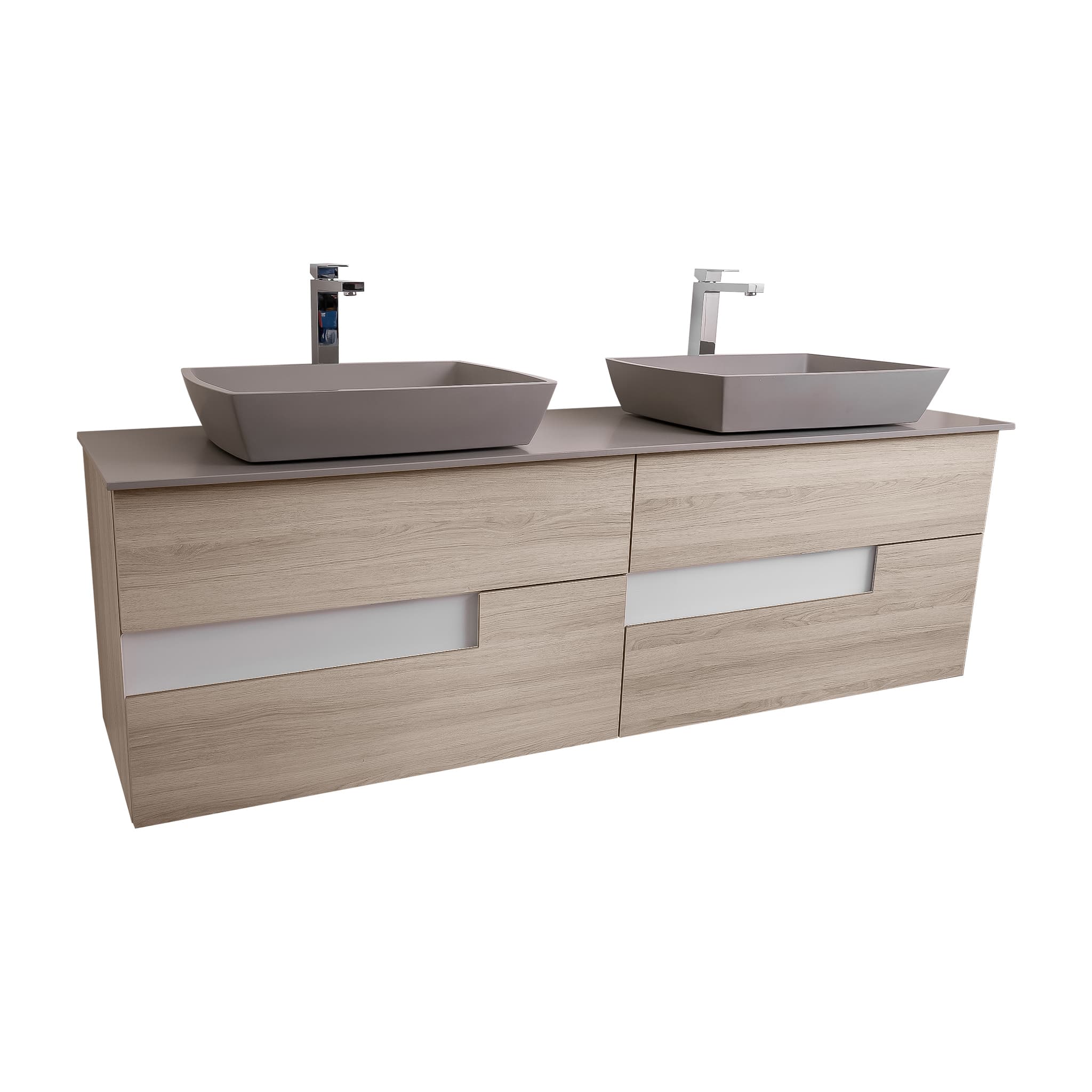 Vision 63 Natural Light Wood, Solid Surface Flat Grey Counter And Two Square Solid Surface Grey Basin 1316, Wall Mounted Modern Vanity Set