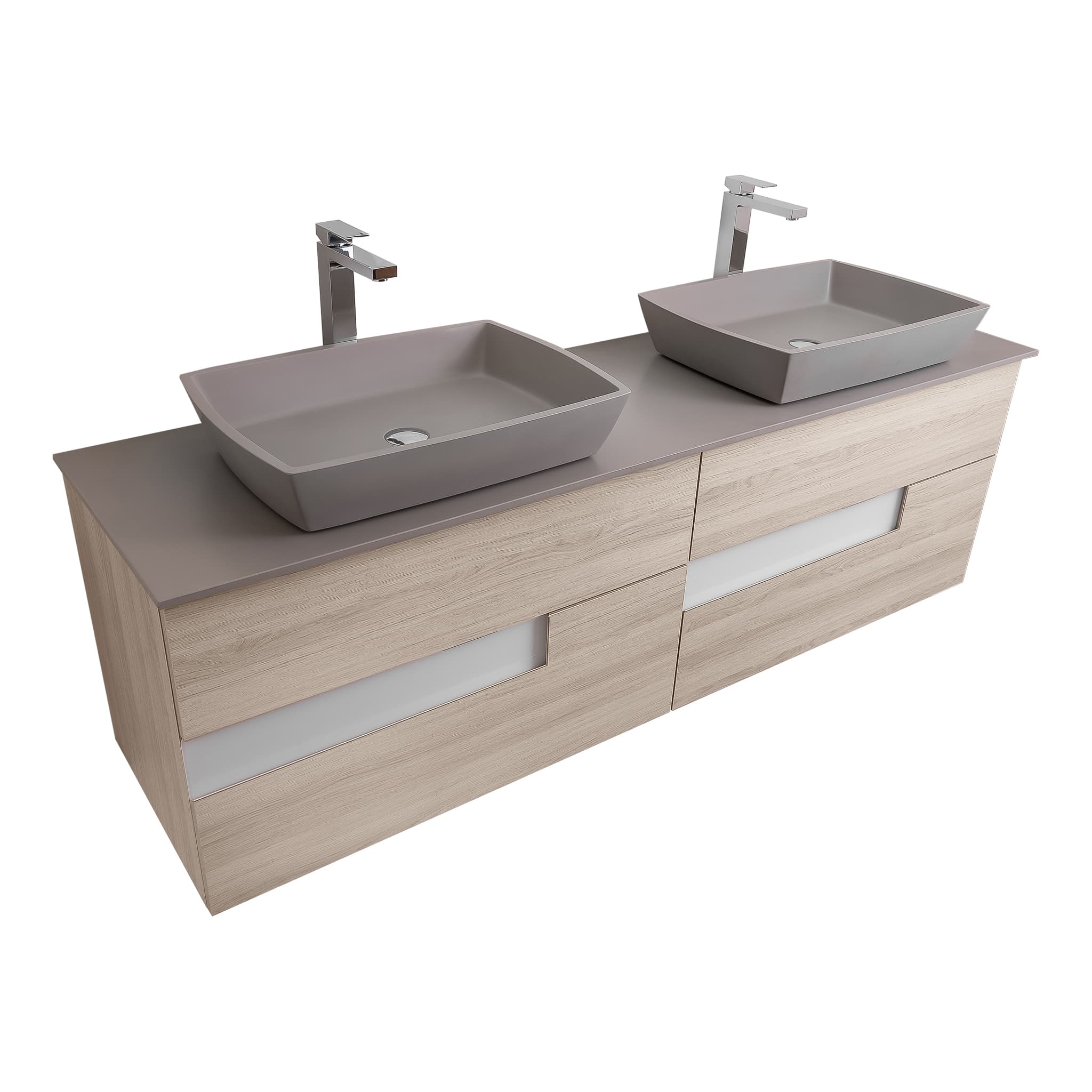 Vision 63 Natural Light Wood, Solid Surface Flat Grey Counter And Two Square Solid Surface Grey Basin 1316, Wall Mounted Modern Vanity Set