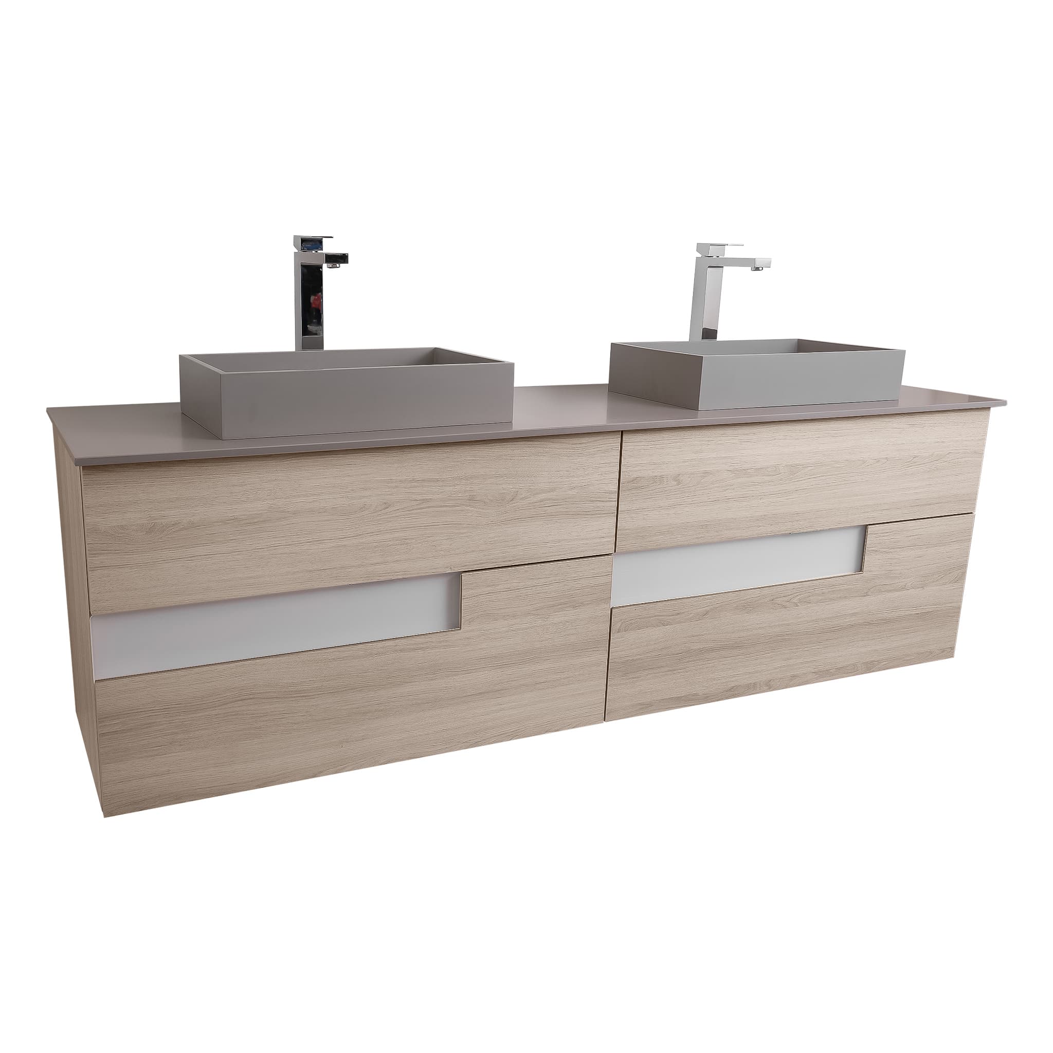 Vision 63 Natural Light Wood Cabinet, Solid Surface Flat Grey Counter And Two Infinity Square Solid Surface Grey Basin 1329, Wall Mounted Modern Vanity Set