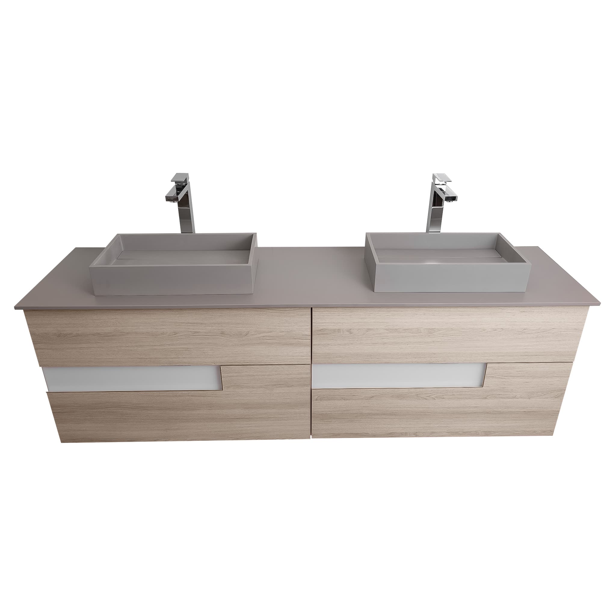 Vision 63 Natural Light Wood Cabinet, Solid Surface Flat Grey Counter And Two Infinity Square Solid Surface Grey Basin 1329, Wall Mounted Modern Vanity Set