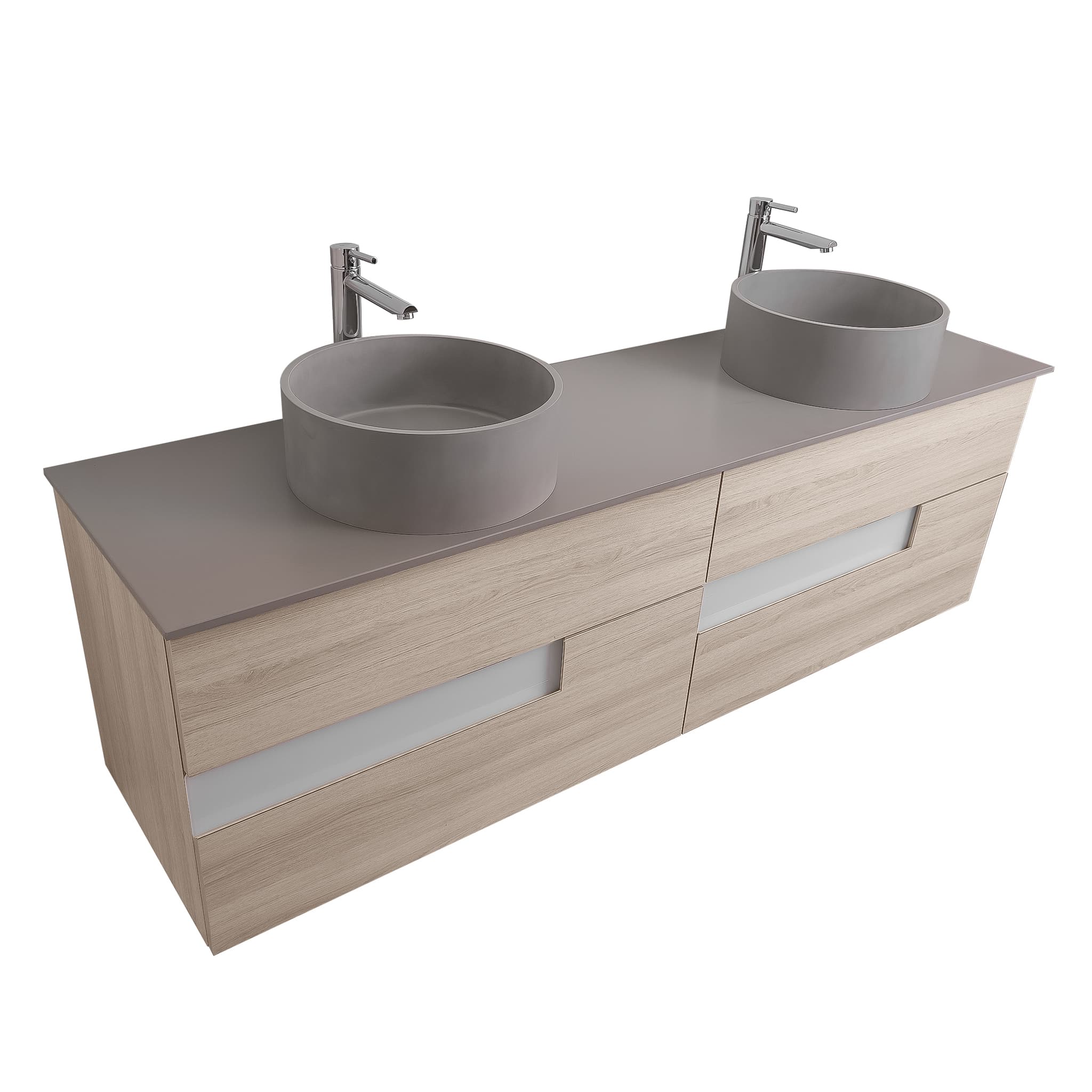 Vision 63 Natural Light Wood Cabinet, Solid Surface Flat Grey Counter And Two Round Solid Surface Grey Basin 1386, Wall Mounted Modern Vanity Set