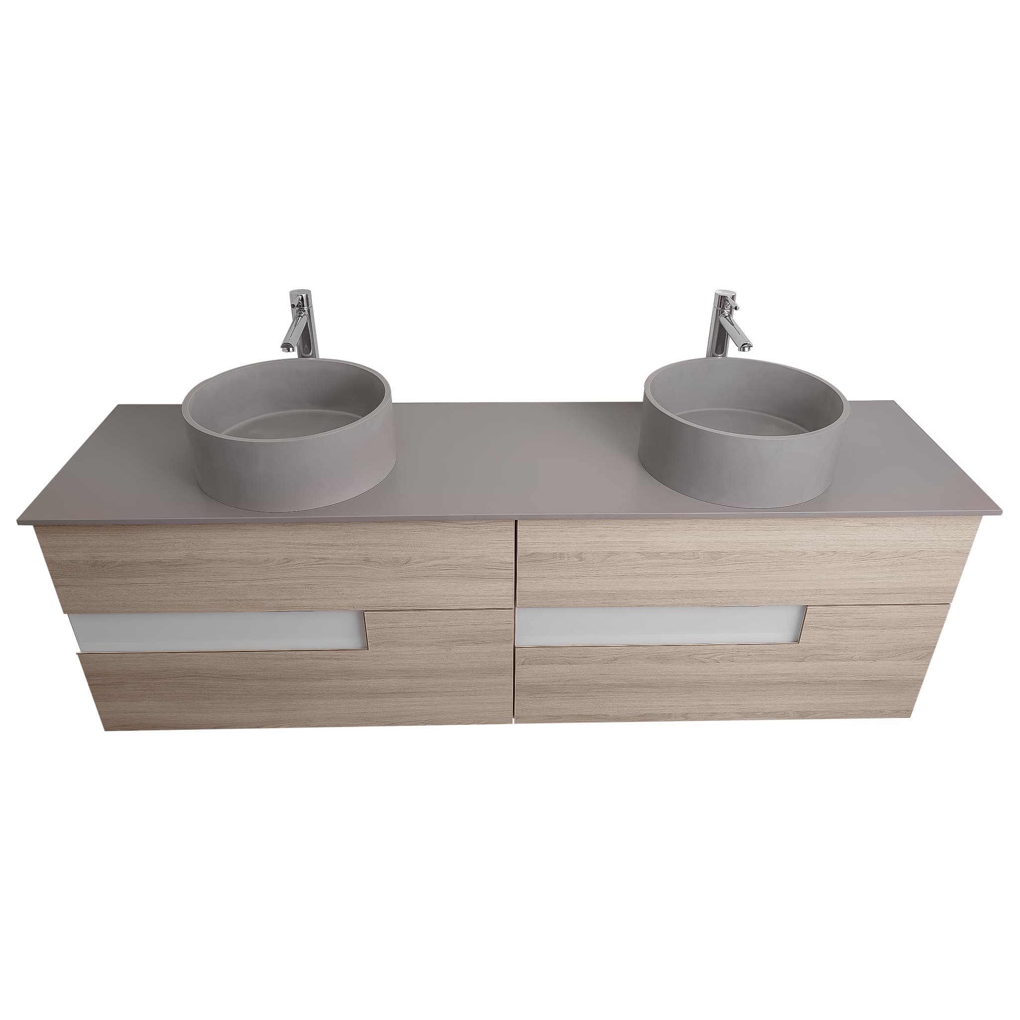 Vision 63 Natural Light Wood Cabinet, Solid Surface Flat Grey Counter And Two Round Solid Surface Grey Basin 1386, Wall Mounted Modern Vanity Set