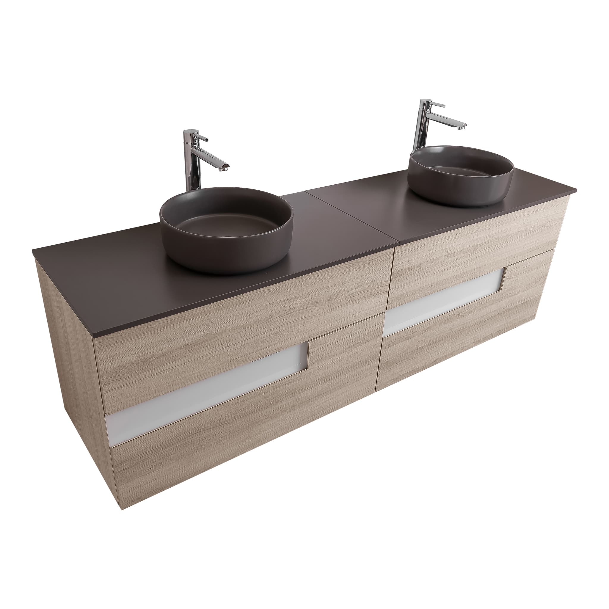 Vision 63 Natural Light Wood Cabinet, Ares Grey Ceniza Top And Two Ares Grey Ceniza Ceramic Basin, Wall Mounted Modern Vanity Set