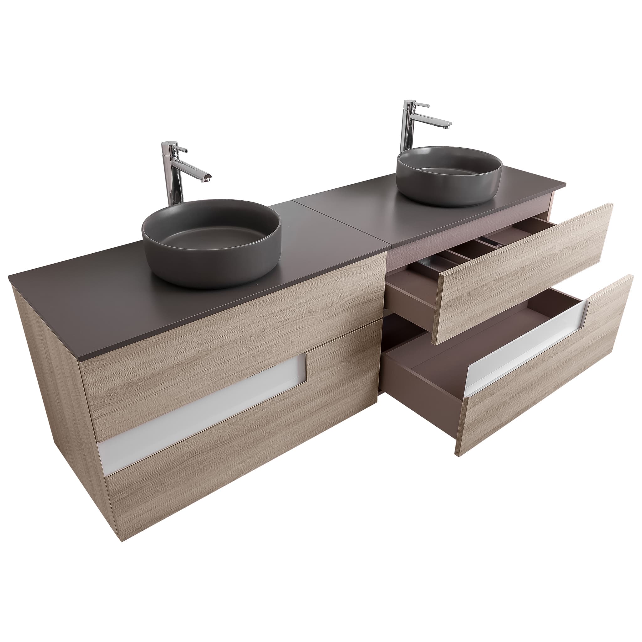 Vision 63 Natural Light Wood Cabinet, Ares Grey Ceniza Top And Two Ares Grey Ceniza Ceramic Basin, Wall Mounted Modern Vanity Set