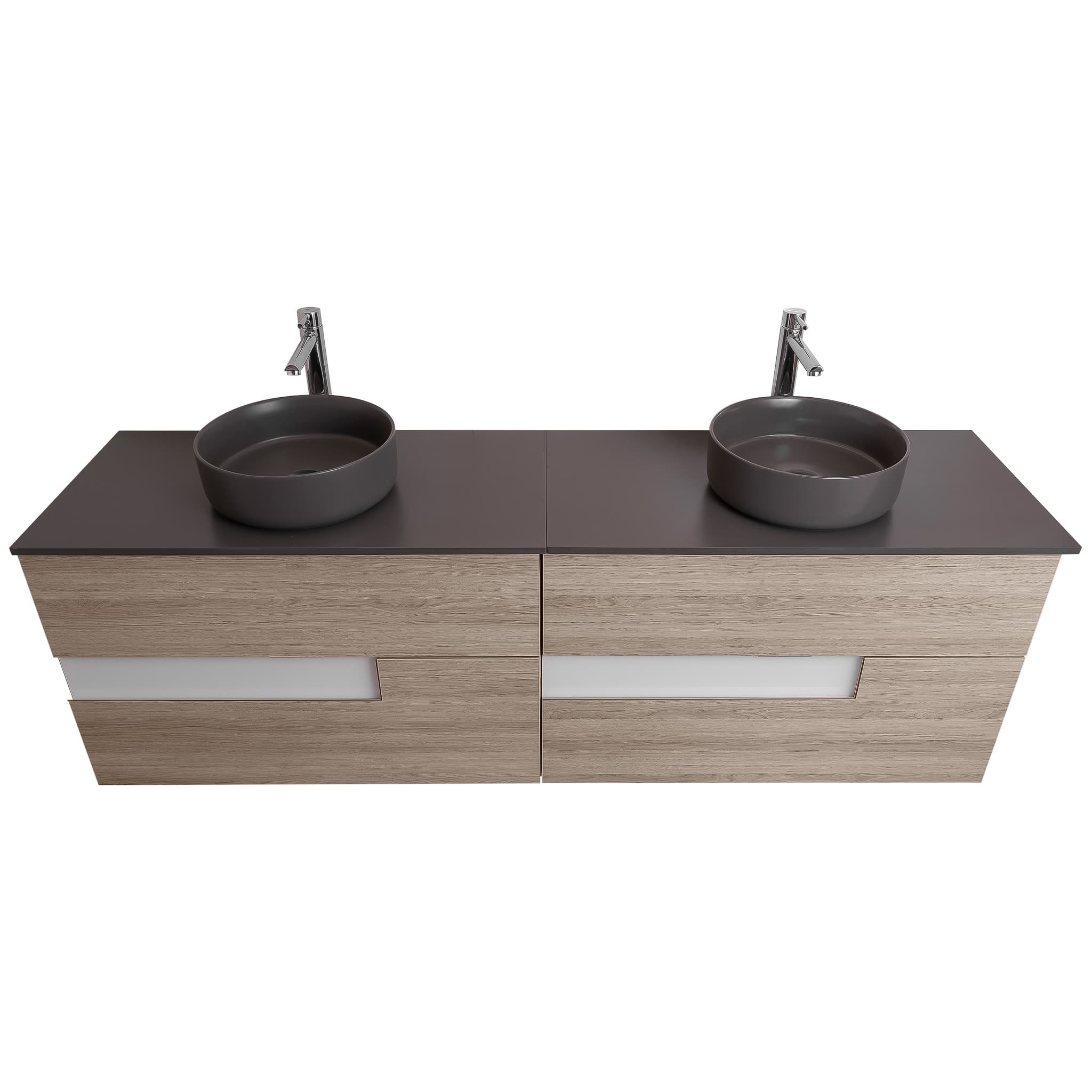 Vision 63 Natural Light Wood Cabinet, Ares Grey Ceniza Top And Two Ares Grey Ceniza Ceramic Basin, Wall Mounted Modern Vanity Set