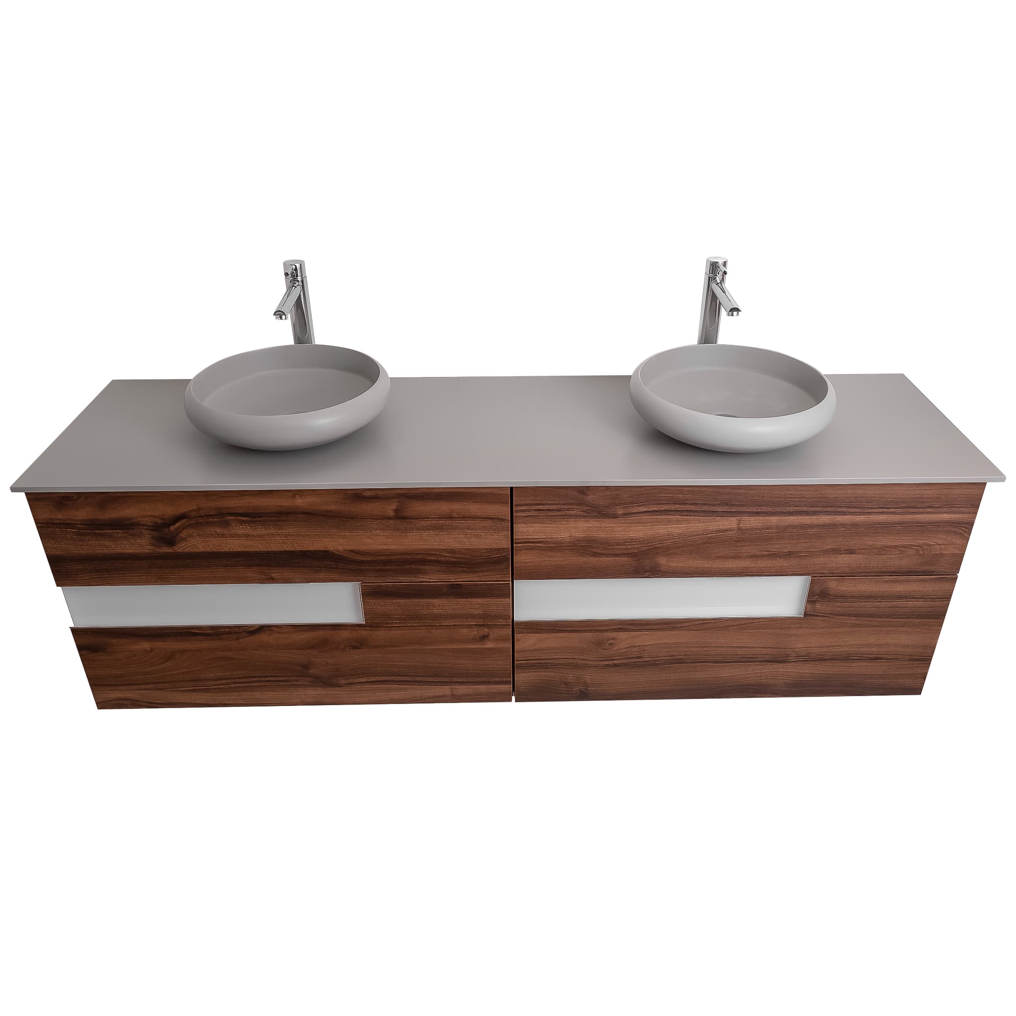 Vision 63 Valenti Medium Brown Wood, Solid Surface Flat Grey Counter And Two Round Solid Surface Grey Basin 1153, Wall Mounted Modern Vanity Set