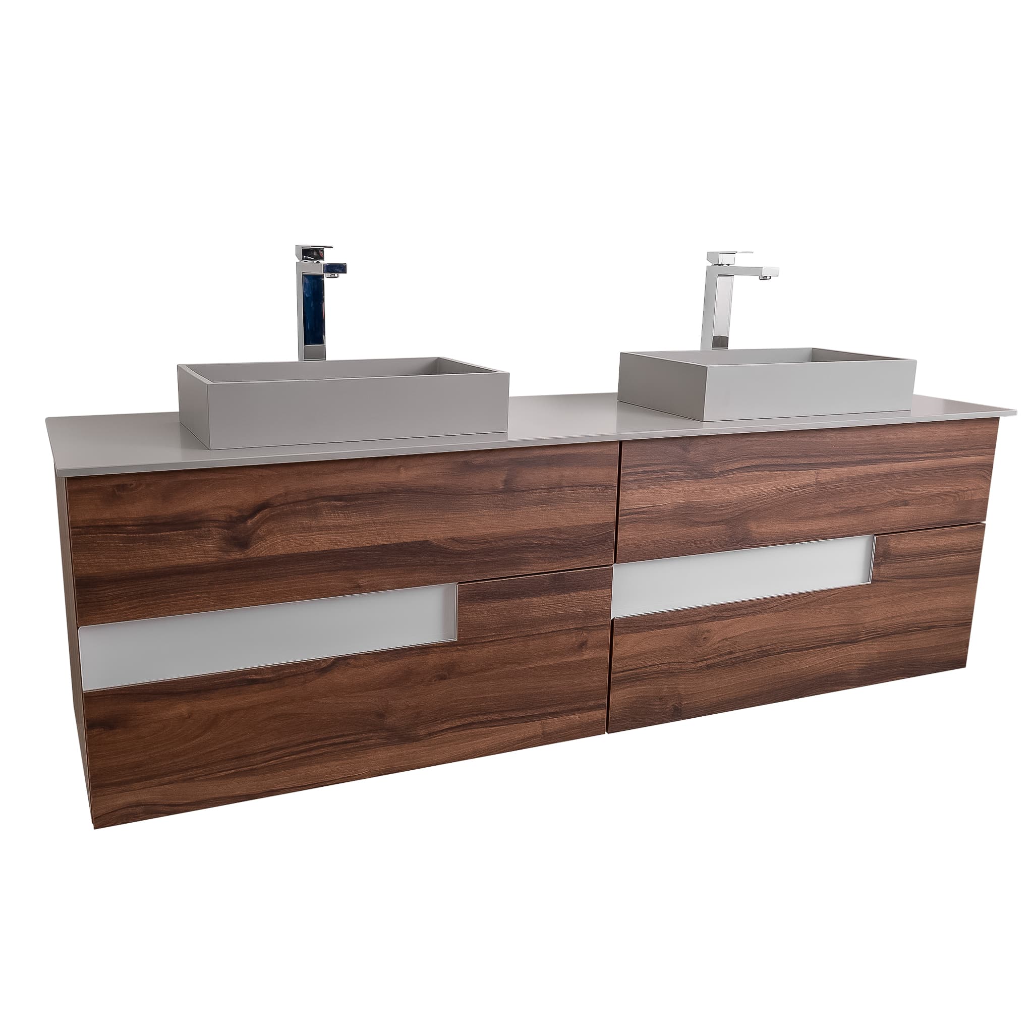 Vision 63 Valenti Medium Brown Wood, Solid Surface Flat Grey Counter And Two Infinity Square Solid Surface Grey Basin 1329, Wall Mounted Modern Vanity Set