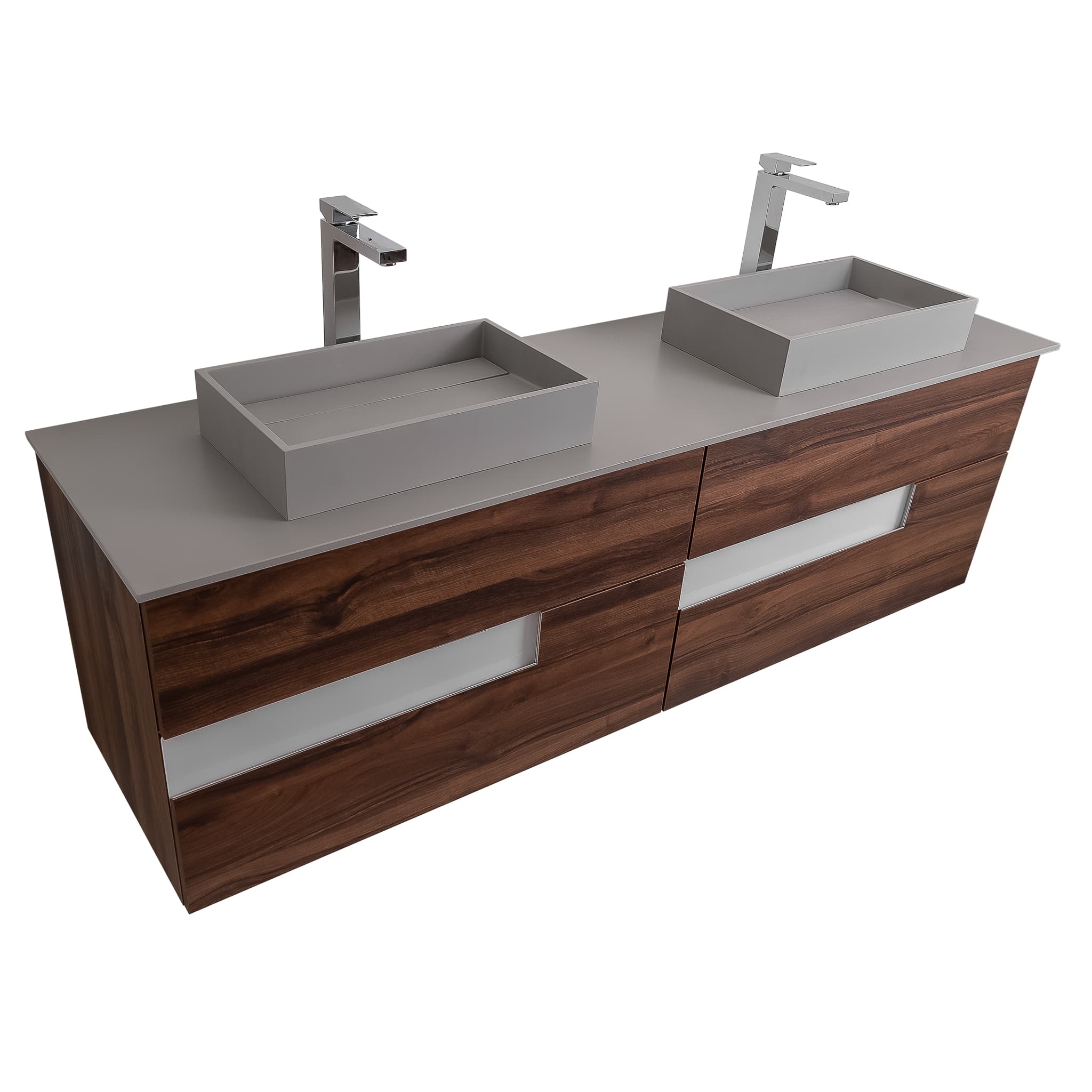 Vision 63 Valenti Medium Brown Wood, Solid Surface Flat Grey Counter And Two Infinity Square Solid Surface Grey Basin 1329, Wall Mounted Modern Vanity Set Bath Trends USA