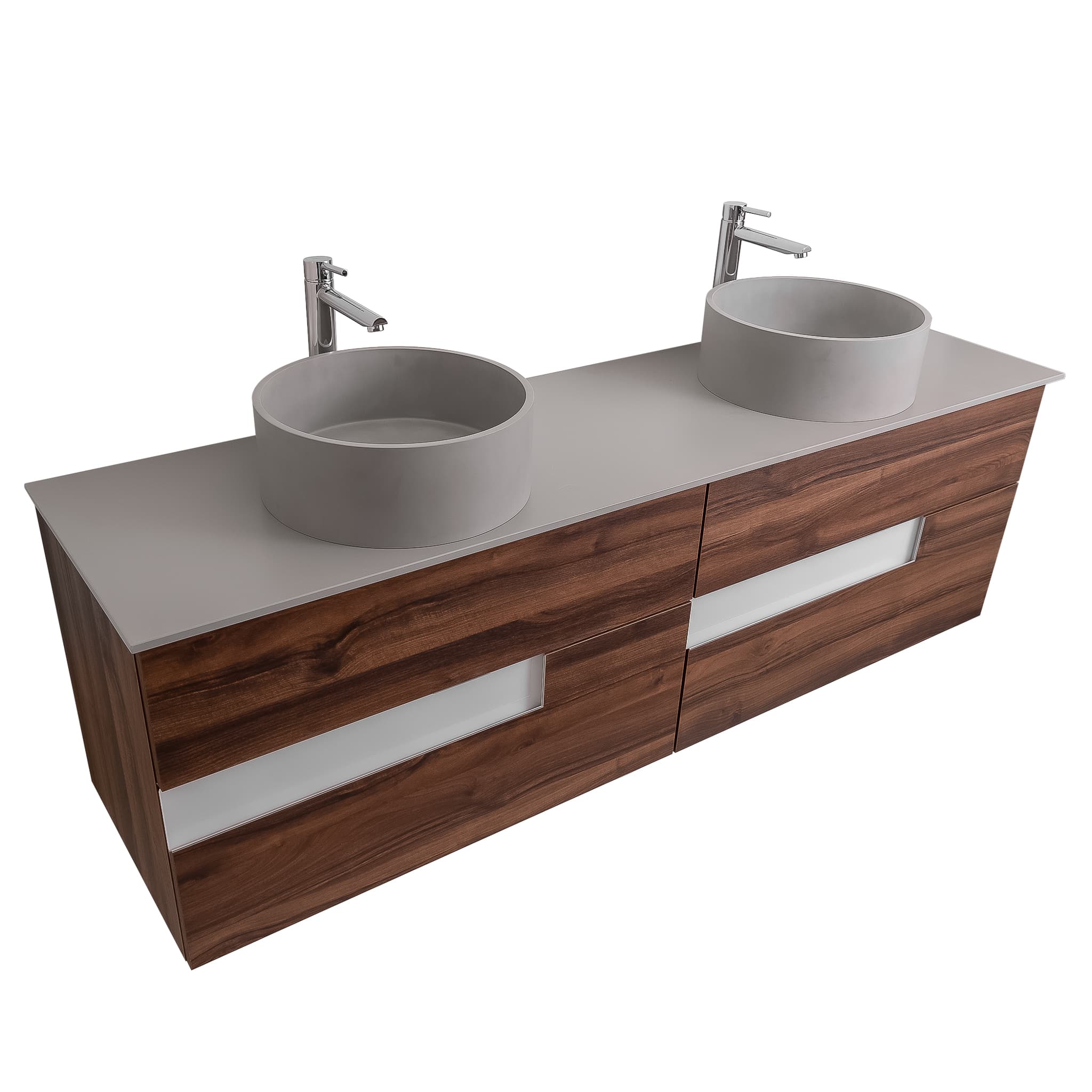 Vision 63 Valenti Medium Brown Wood, Solid Surface Flat Grey Counter And Two Round Solid Surface Grey Basin 1386, Wall Mounted Modern Vanity Set
