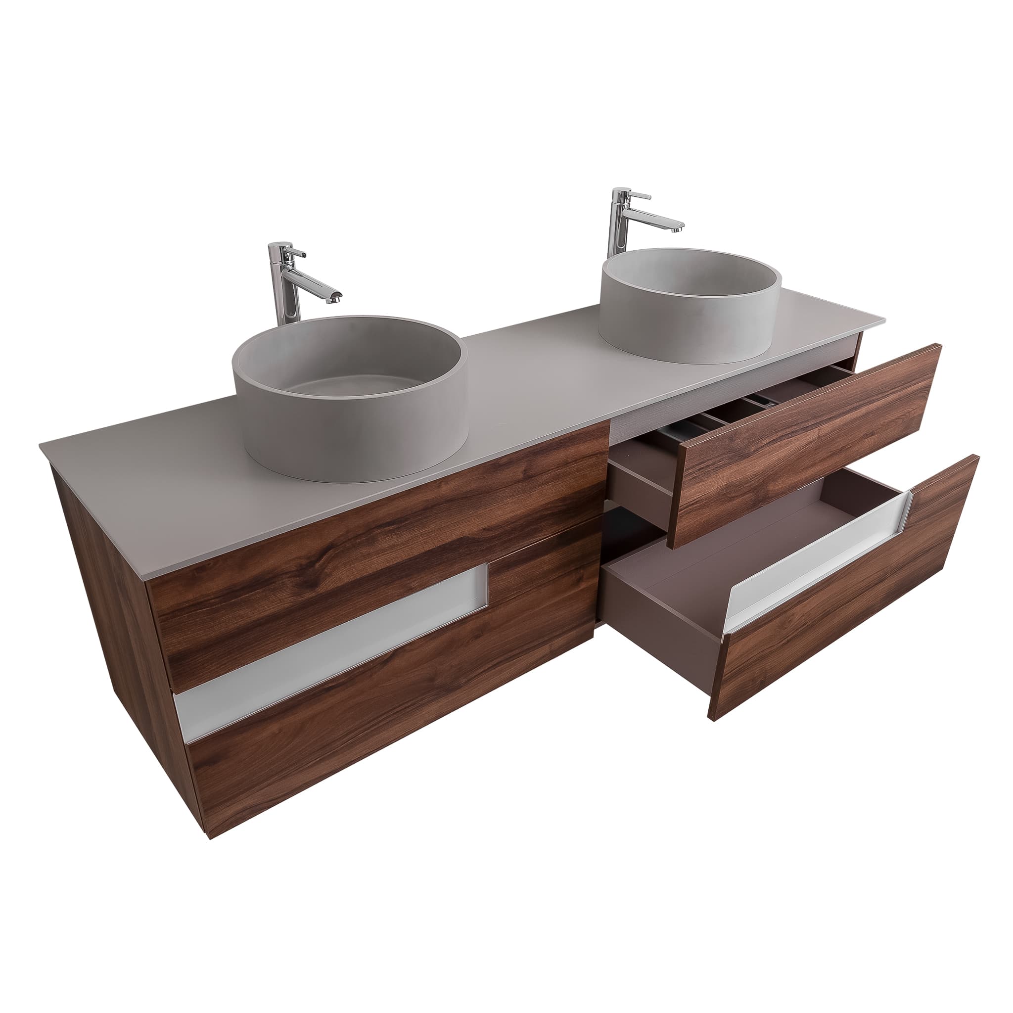 Vision 63 Valenti Medium Brown Wood, Solid Surface Flat Grey Counter And Two Round Solid Surface Grey Basin 1386, Wall Mounted Modern Vanity Set