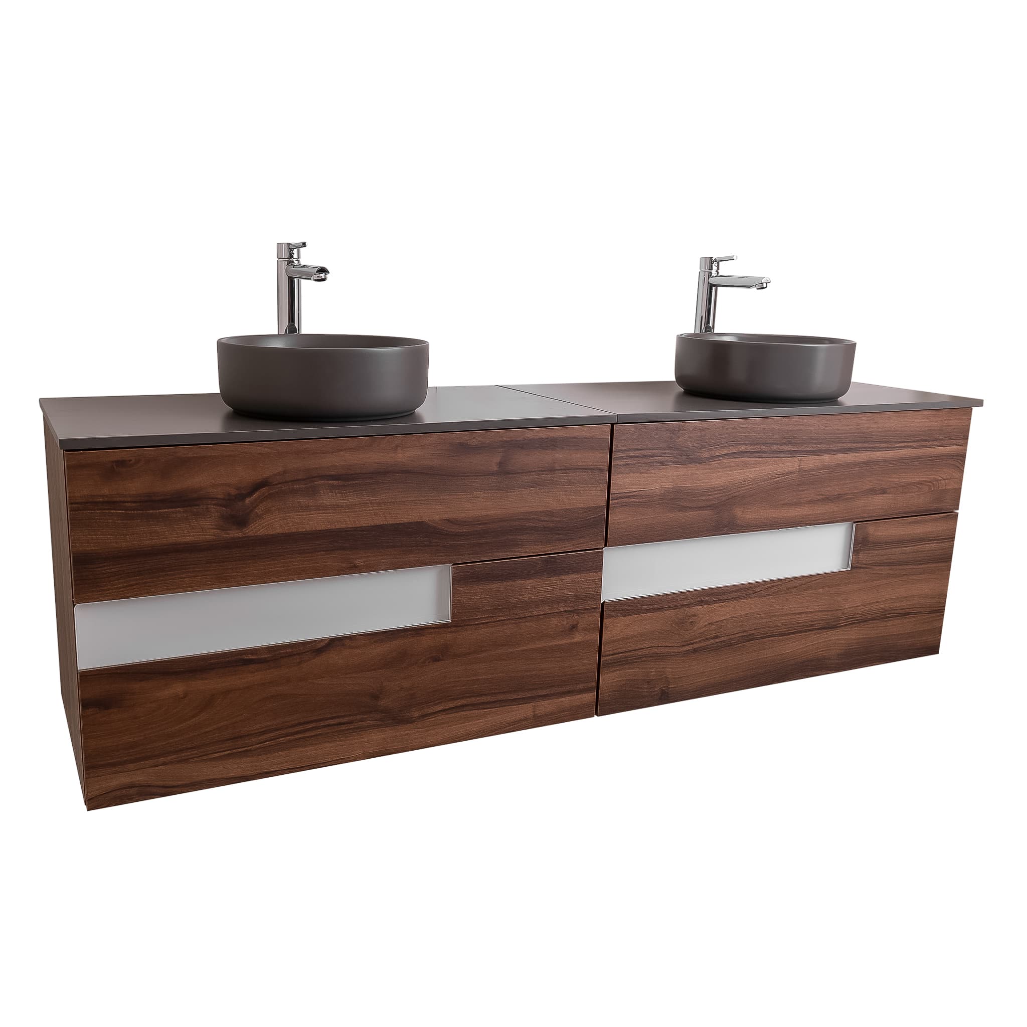 Vision 63 Valenti Medium Brown Wood Cabinet, Ares Grey Ceniza Top And Two Ares Grey Ceniza Ceramic Basin, Wall Mounted Modern Vanity Set Bath Trends USA