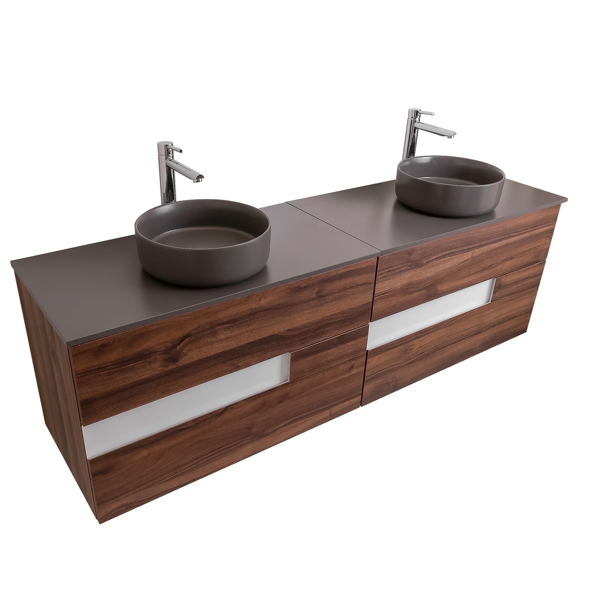 Vision 63 Valenti Medium Brown Wood Cabinet, Ares Grey Ceniza Top And Two Ares Grey Ceniza Ceramic Basin, Wall Mounted Modern Vanity Set