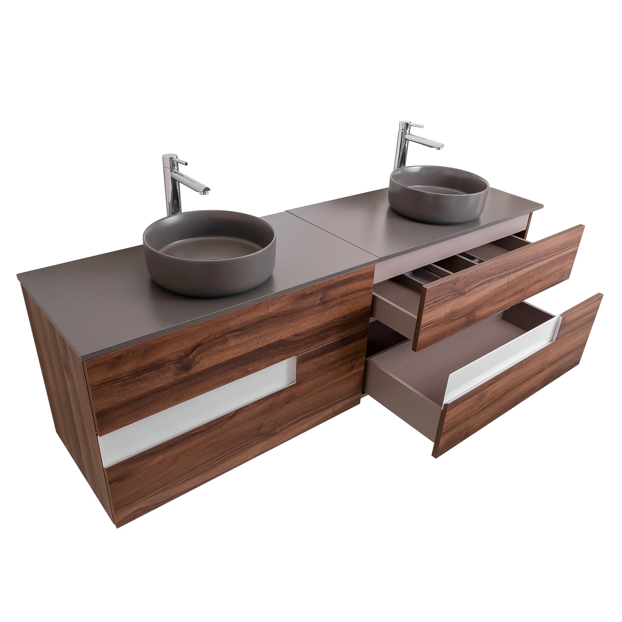 Vision 63 Valenti Medium Brown Wood Cabinet, Ares Grey Ceniza Top And Two Ares Grey Ceniza Ceramic Basin, Wall Mounted Modern Vanity Set