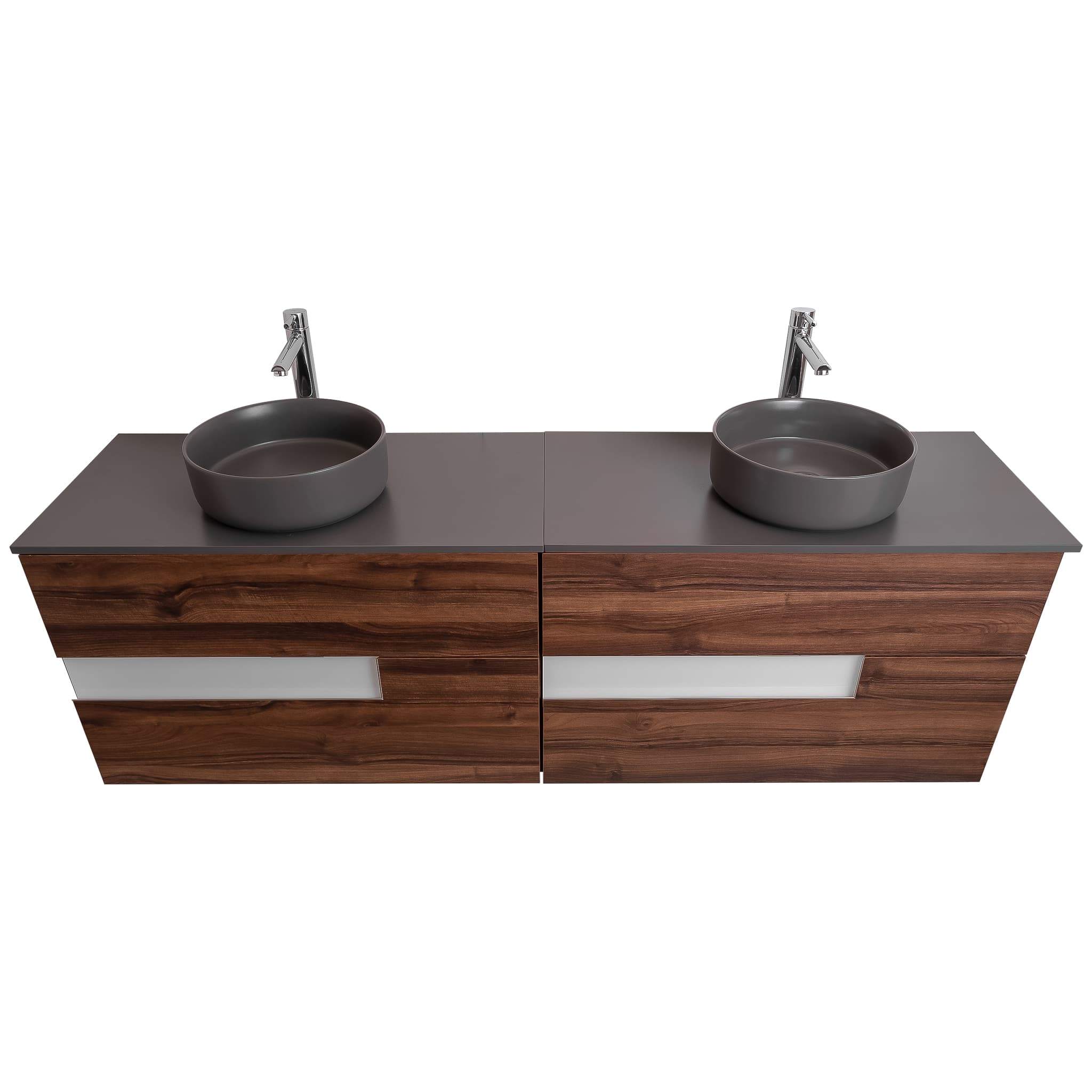 Vision 63 Valenti Medium Brown Wood Cabinet, Ares Grey Ceniza Top And Two Ares Grey Ceniza Ceramic Basin, Wall Mounted Modern Vanity Set