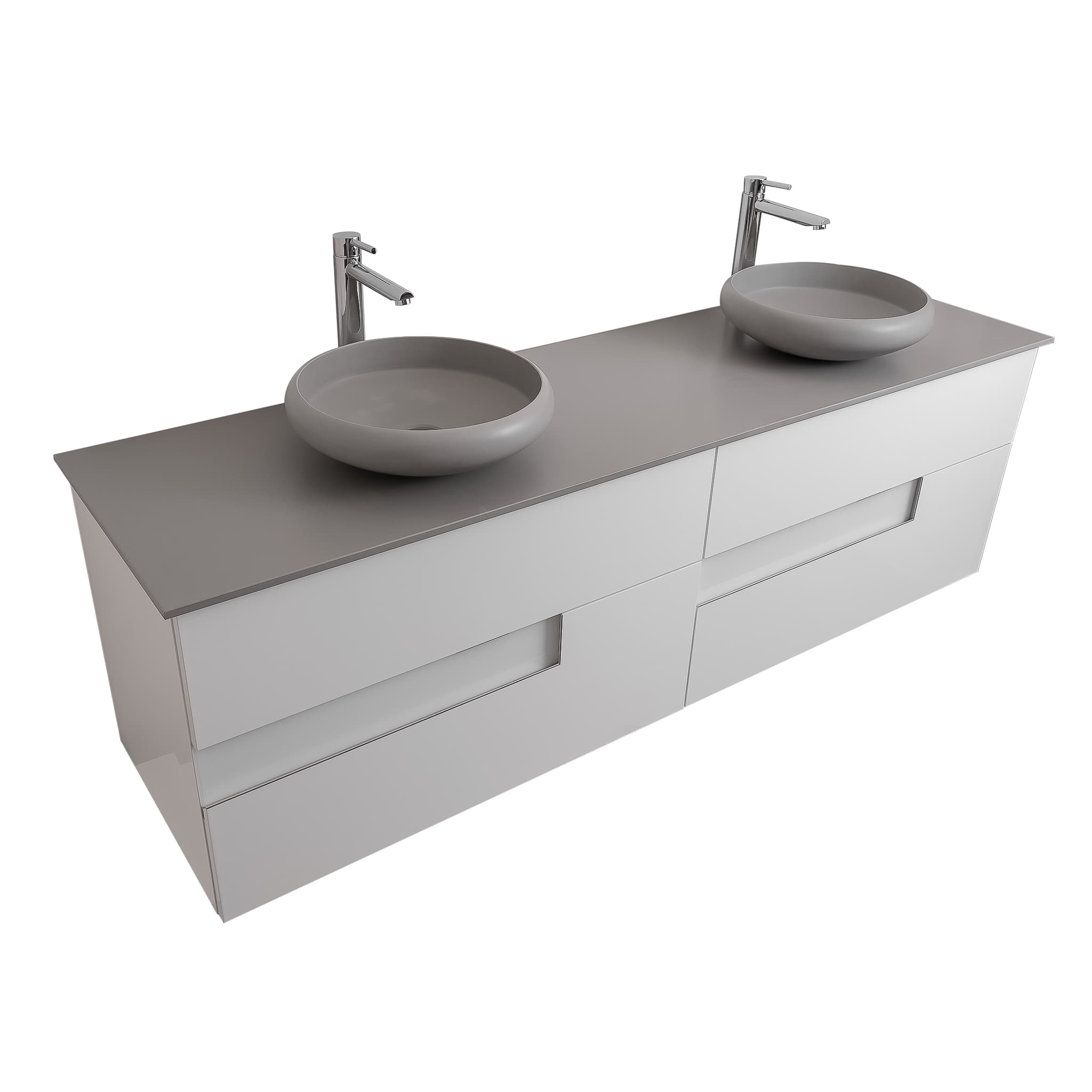 Vision 63 White High Gloss Cabinet, Solid Surface Flat Grey Counter And Two Round Solid Surface Grey Basin 1153, Wall Mounted Modern Vanity Set Bath Trends USA