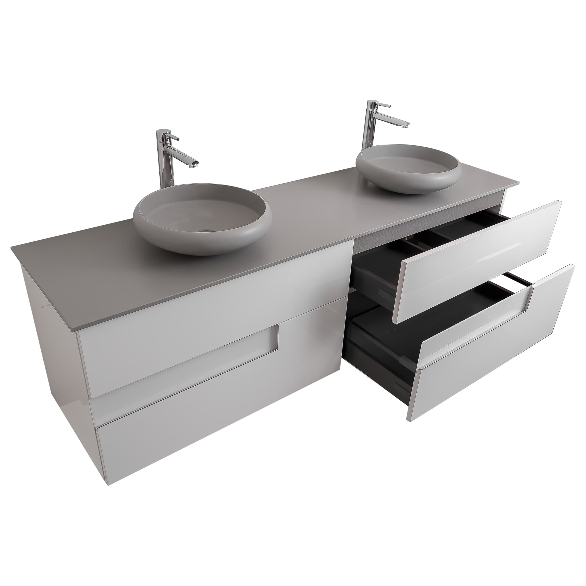Vision 63 White High Gloss Cabinet, Solid Surface Flat Grey Counter And Two Round Solid Surface Grey Basin 1153, Wall Mounted Modern Vanity Set