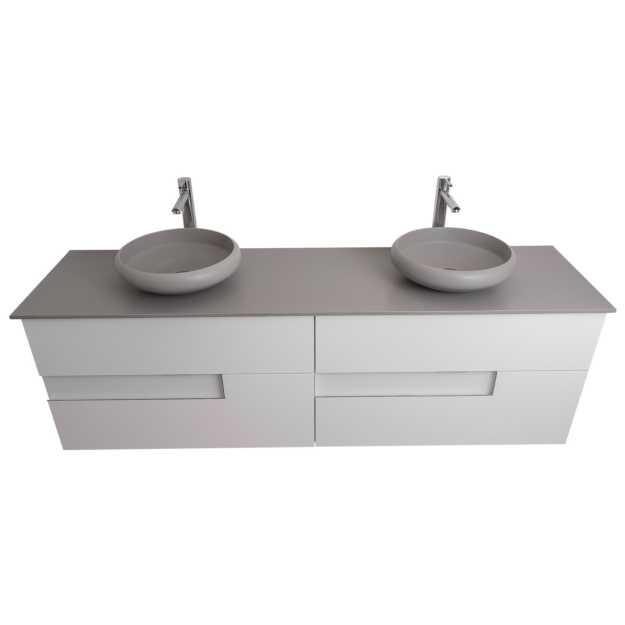 Vision 63 White High Gloss Cabinet, Solid Surface Flat Grey Counter And Two Round Solid Surface Grey Basin 1153, Wall Mounted Modern Vanity Set