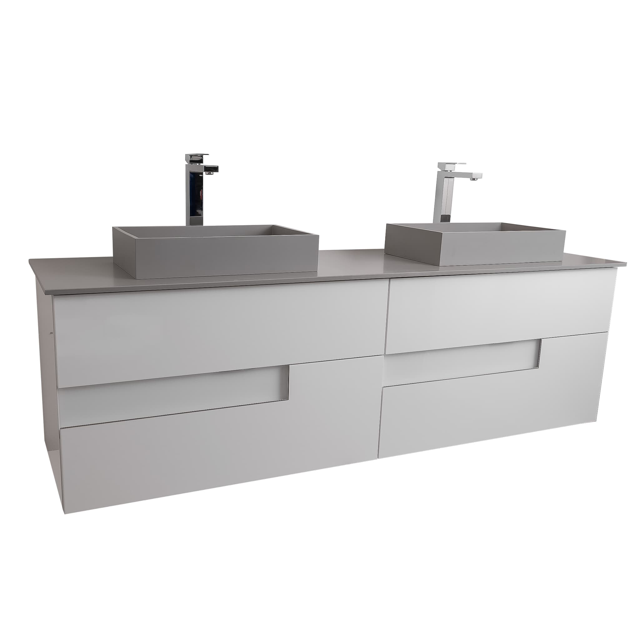 Vision 63 White High Gloss Cabinet, Solid Surface Flat Grey Counter And Two Infinity Square Solid Surface Grey Basin 1329, Wall Mounted Modern Vanity Set