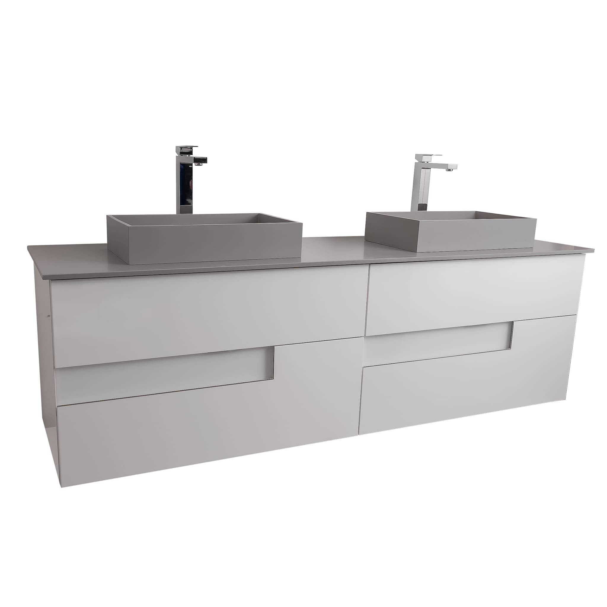 Vision 63 White High Gloss Cabinet, Solid Surface Flat Grey Counter And Two Infinity Square Solid Surface Grey Basin 1329, Wall Mounted Modern Vanity Set Bath Trends USA