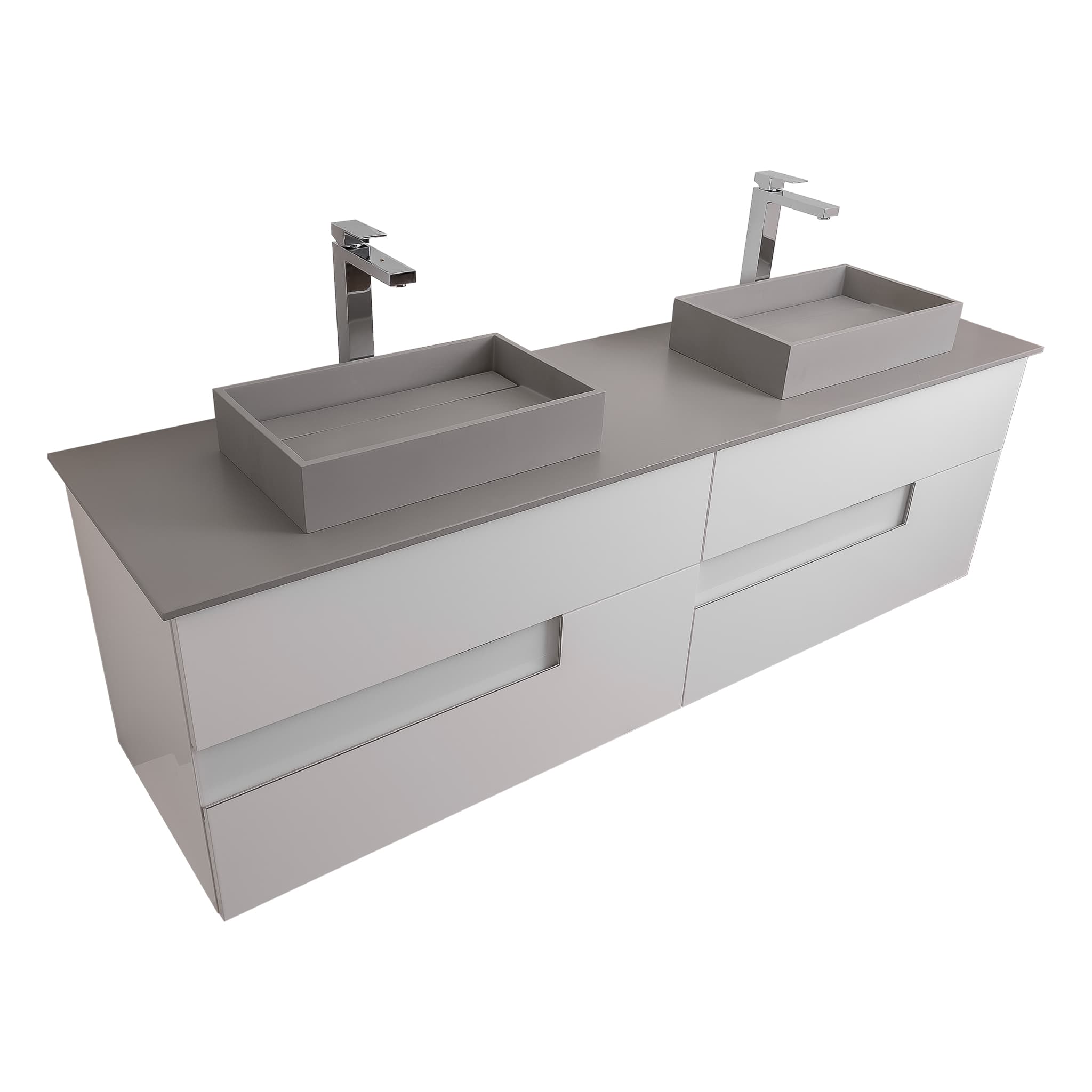 Vision 63 White High Gloss Cabinet, Solid Surface Flat Grey Counter And Two Infinity Square Solid Surface Grey Basin 1329, Wall Mounted Modern Vanity Set Bath Trends USA