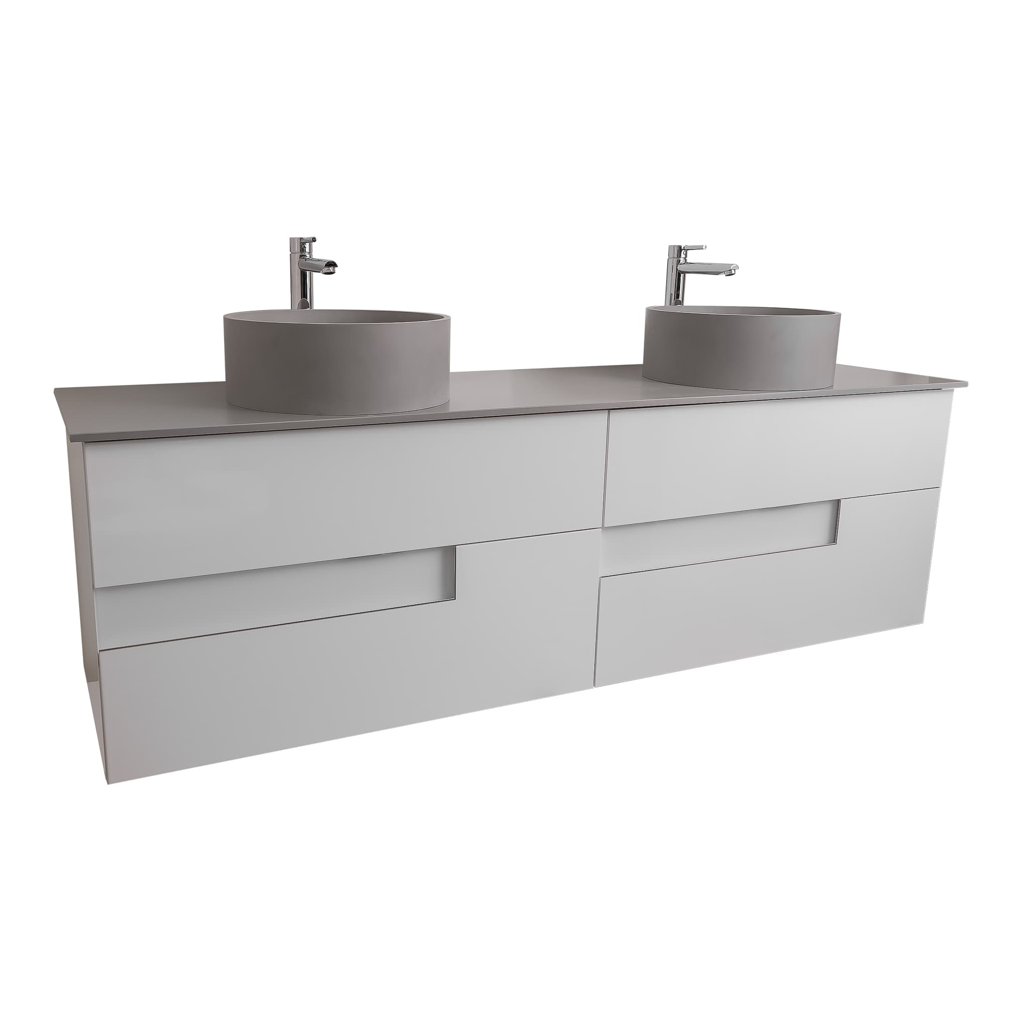 Vision 63 White High Gloss Cabinet, Solid Surface Flat Grey Counter And Two Round Solid Surface Grey Basin 1386, Wall Mounted Modern Vanity Set