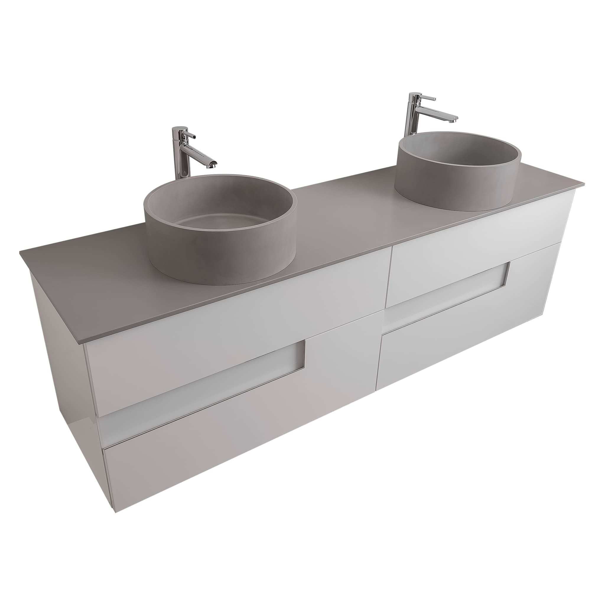 Vision 63 White High Gloss Cabinet, Solid Surface Flat Grey Counter And Two Round Solid Surface Grey Basin 1386, Wall Mounted Modern Vanity Set