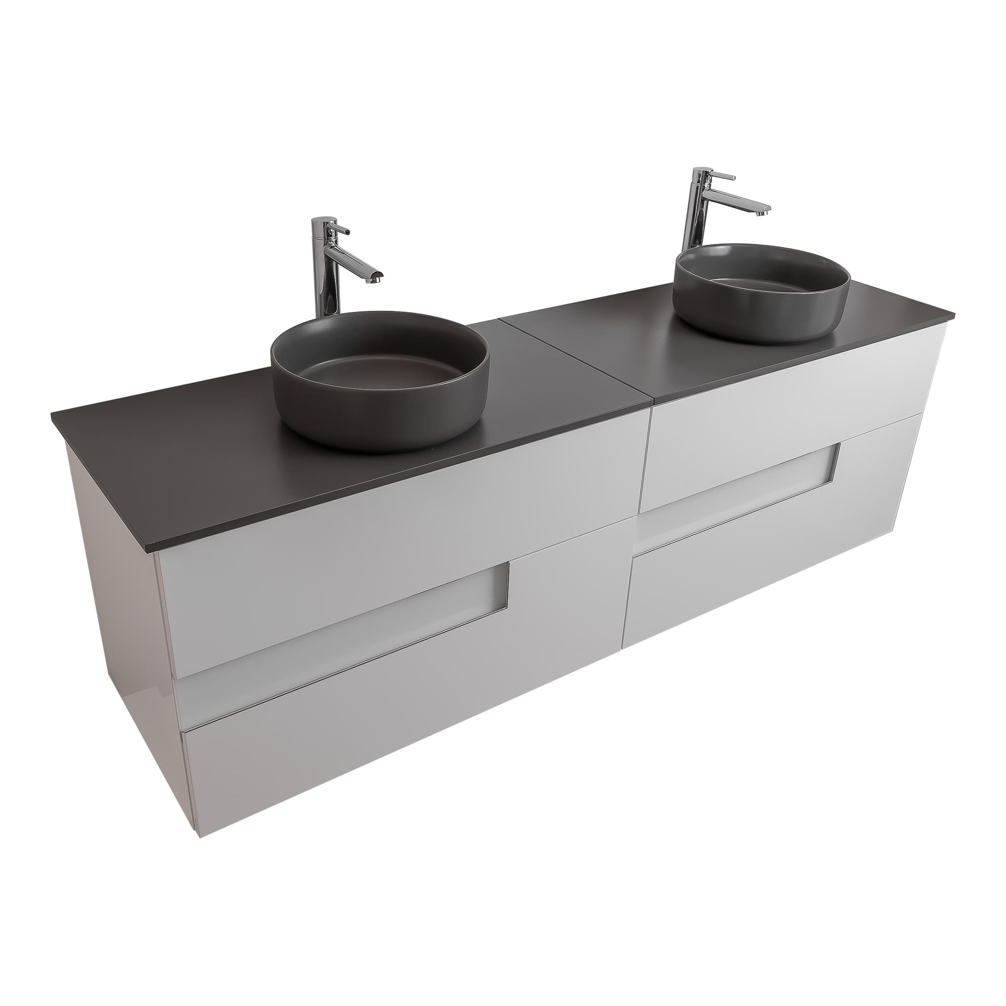 Vision 63 White High Gloss Cabinet, Ares Grey Ceniza Top And Two Ares Grey Ceniza Ceramic Basin, Wall Mounted Modern Vanity Set