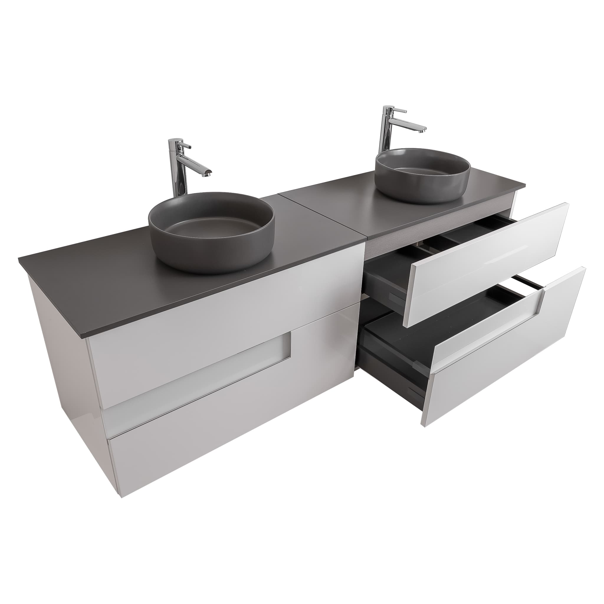 Vision 63 White High Gloss Cabinet, Ares Grey Ceniza Top And Two Ares Grey Ceniza Ceramic Basin, Wall Mounted Modern Vanity Set