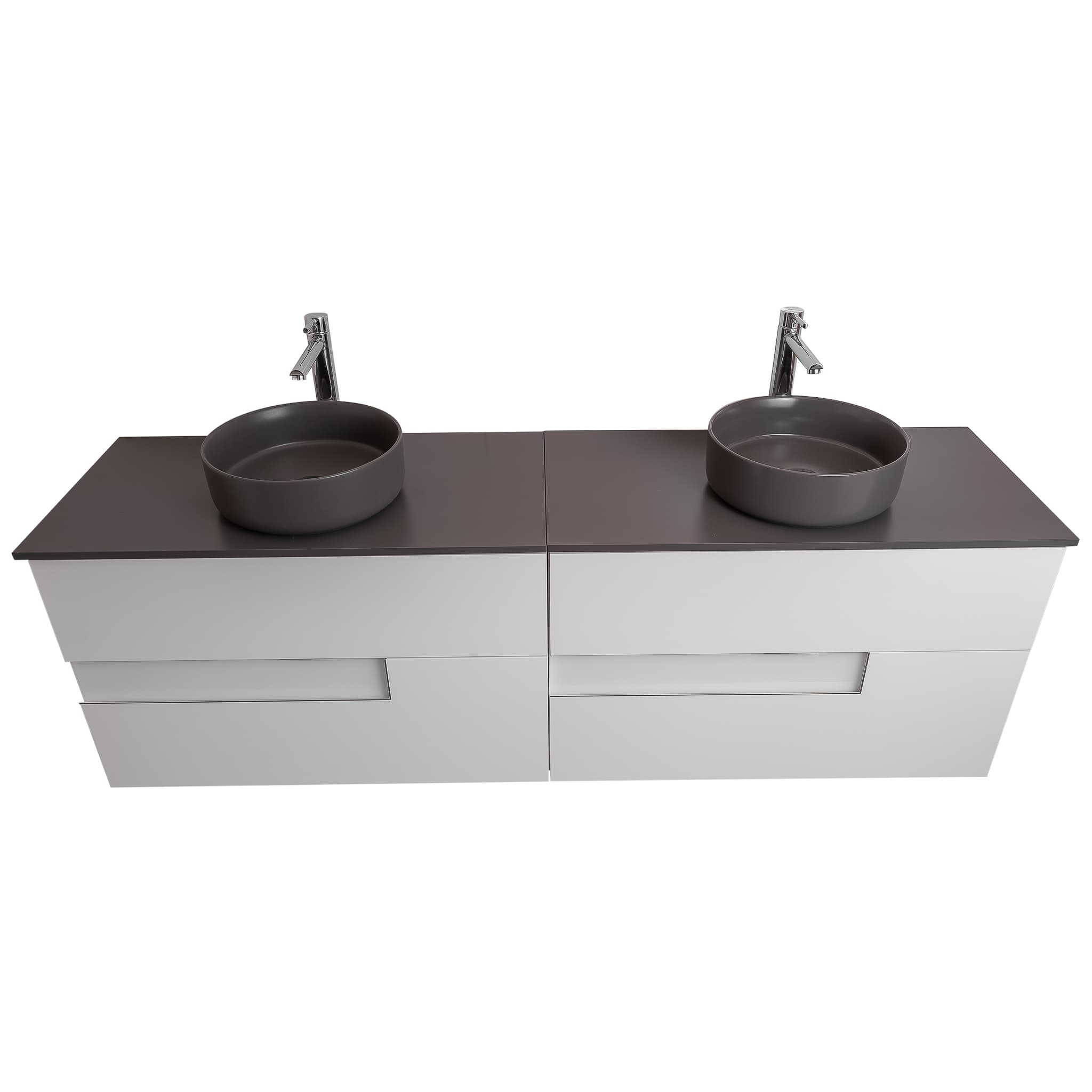 Vision 63 White High Gloss Cabinet, Ares Grey Ceniza Top And Two Ares Grey Ceniza Ceramic Basin, Wall Mounted Modern Vanity Set