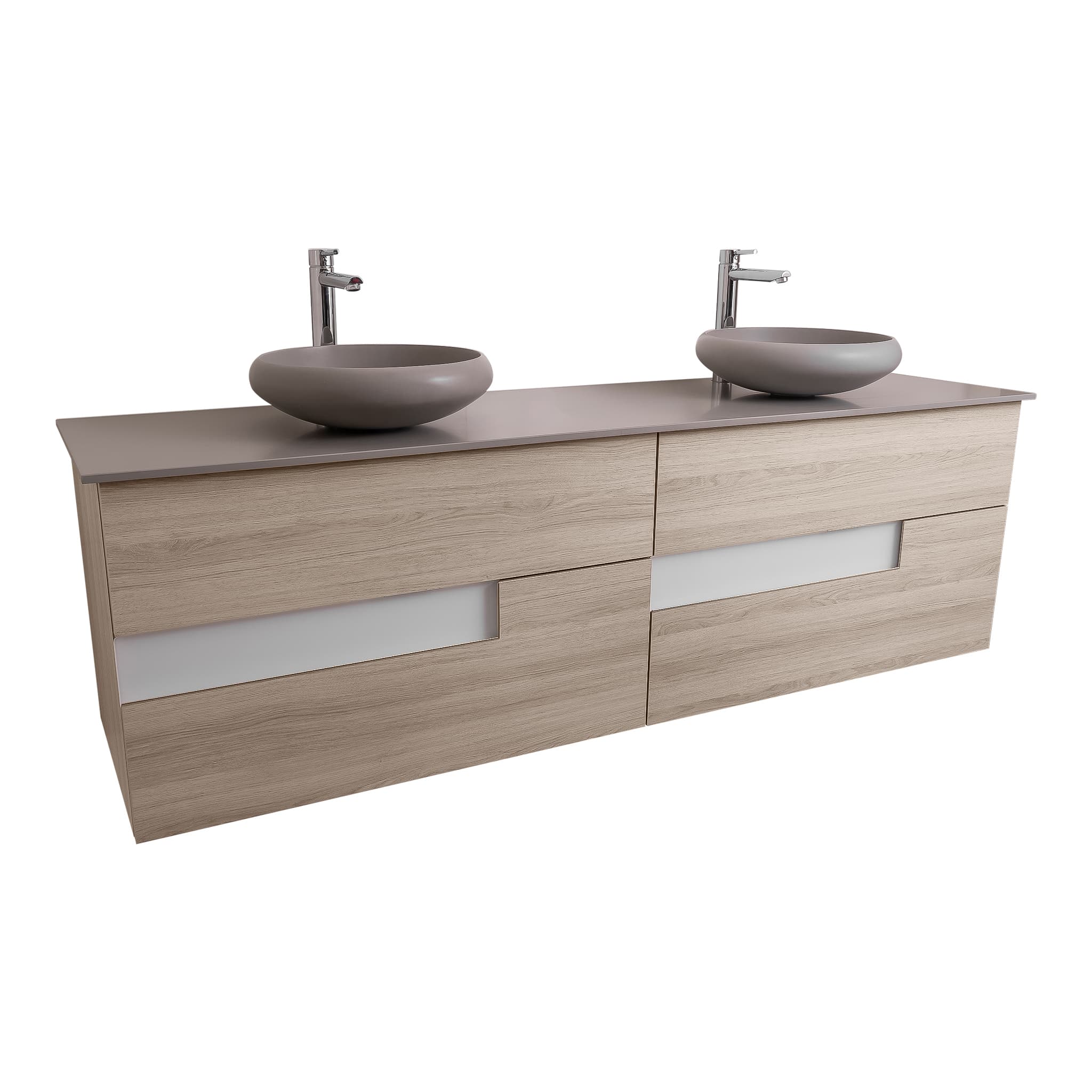 Vision 72 Natural Light Wood, Solid Surface Flat Grey Counter And Two Round Solid Surface Grey Basin 1153, Wall Mounted Modern Vanity Set