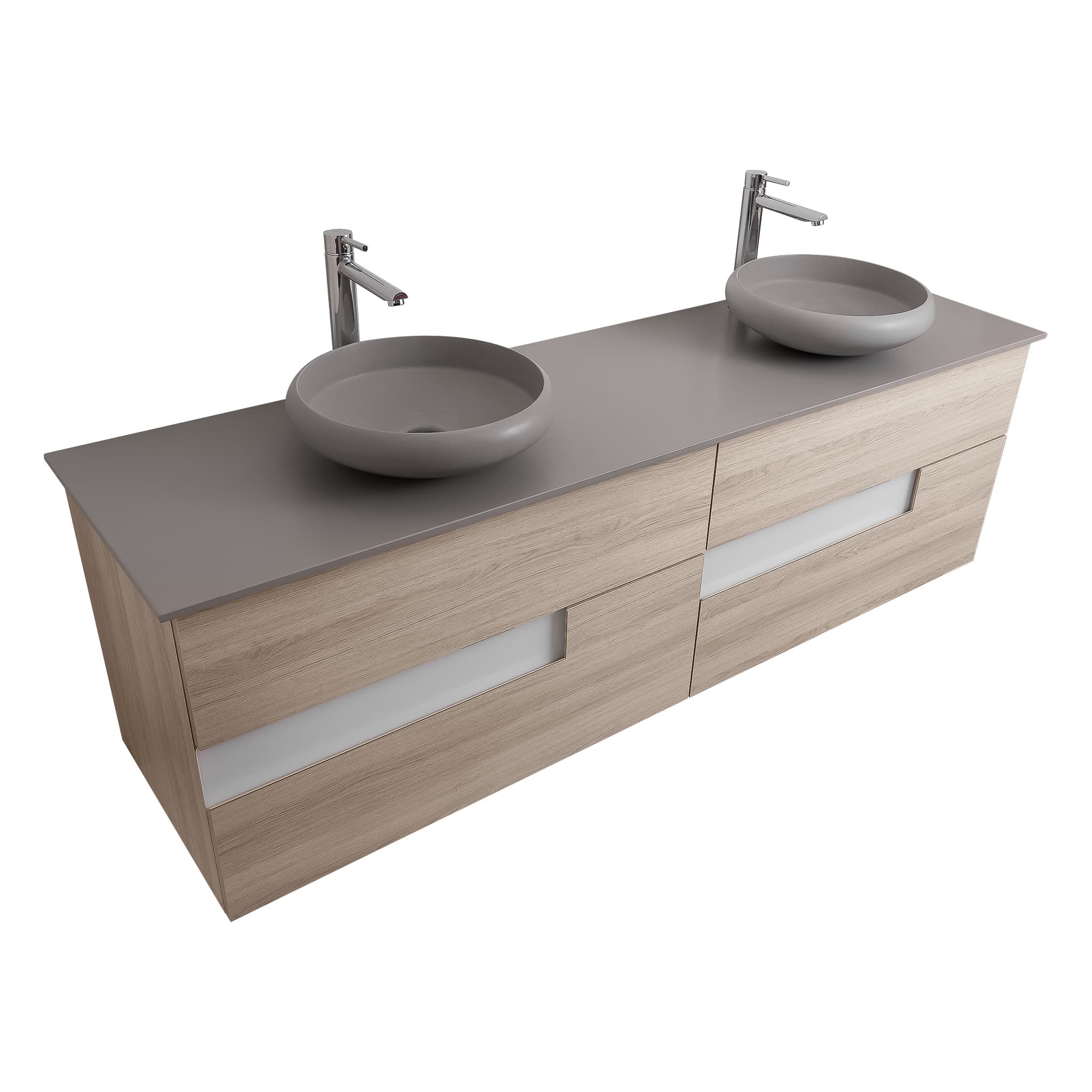 Vision 72 Natural Light Wood, Solid Surface Flat Grey Counter And Two Round Solid Surface Grey Basin 1153, Wall Mounted Modern Vanity Set