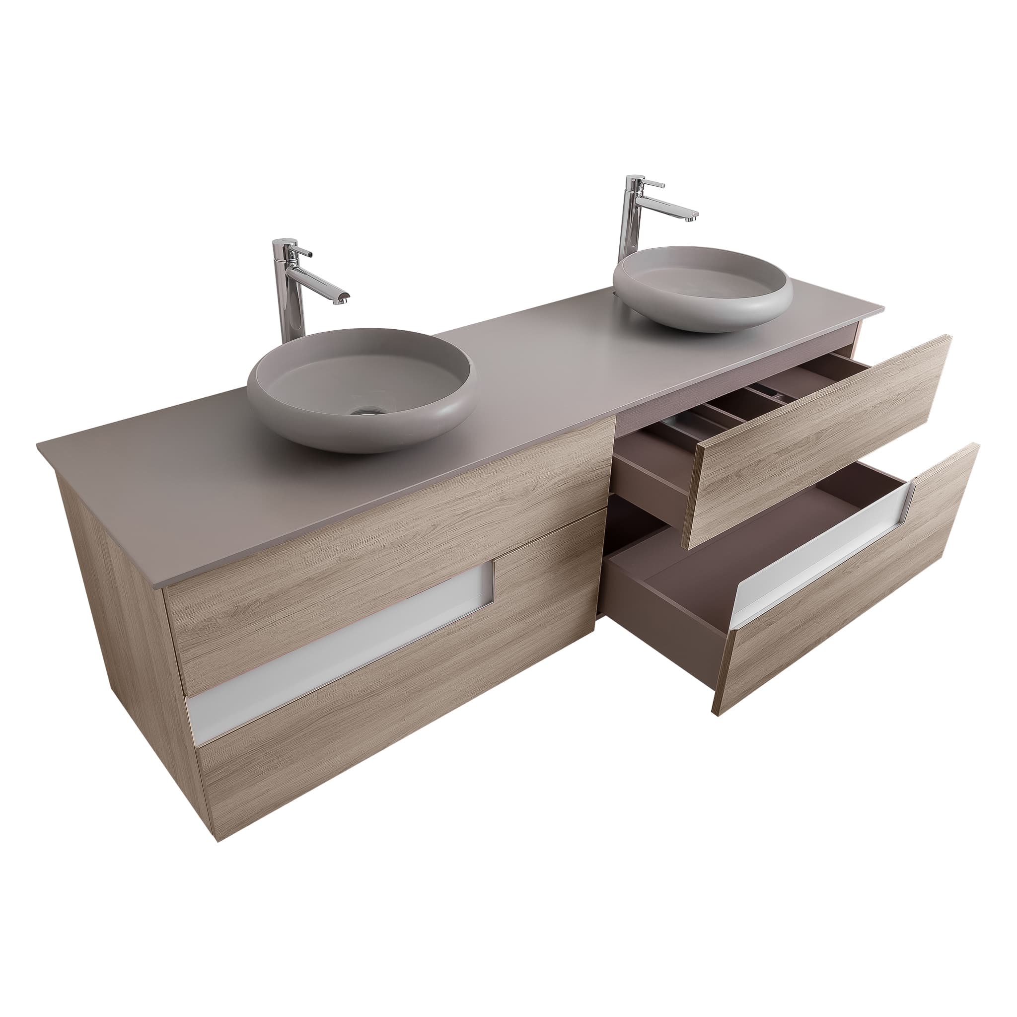 Vision 72 Natural Light Wood, Solid Surface Flat Grey Counter And Two Round Solid Surface Grey Basin 1153, Wall Mounted Modern Vanity Set