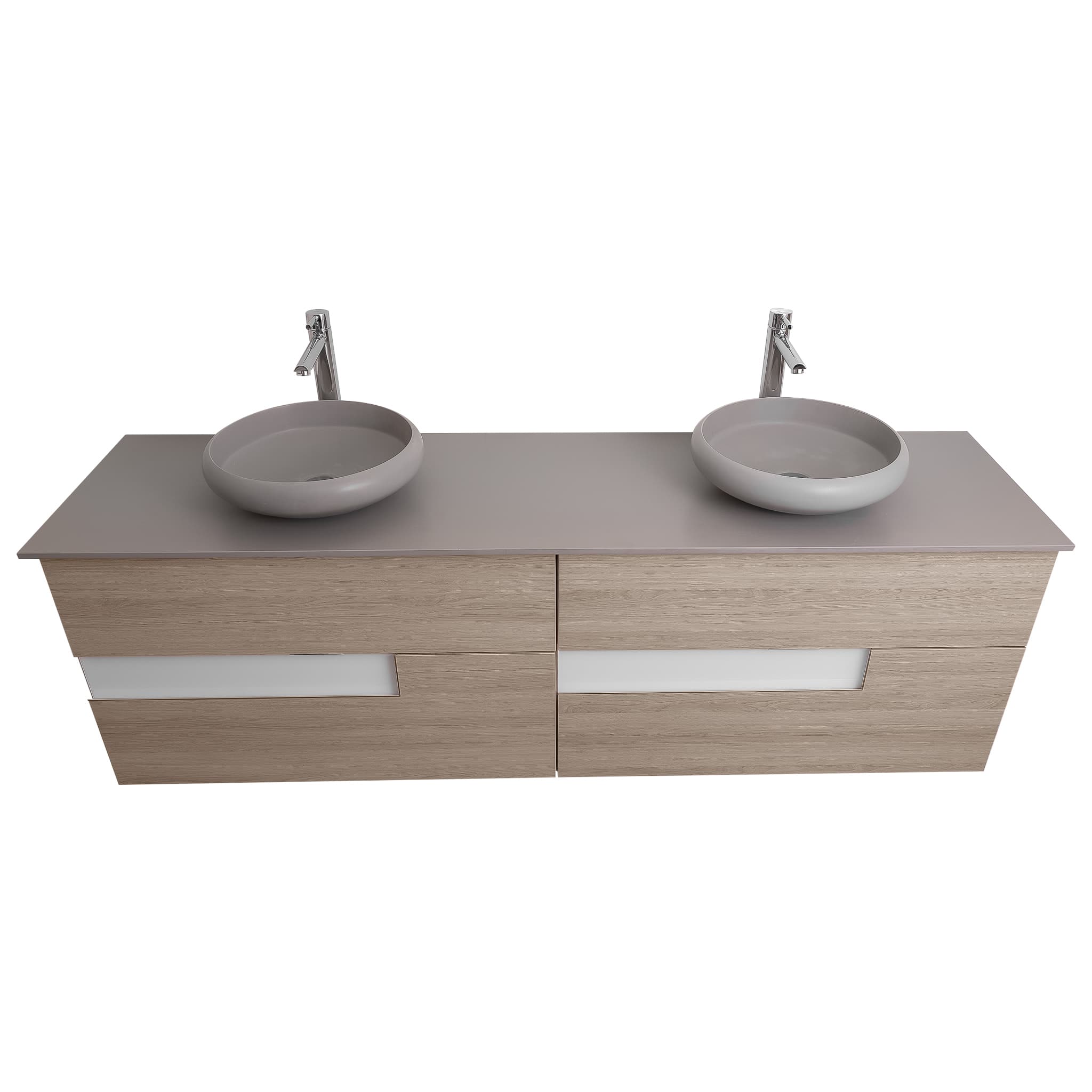 Vision 72 Natural Light Wood, Solid Surface Flat Grey Counter And Two Round Solid Surface Grey Basin 1153, Wall Mounted Modern Vanity Set
