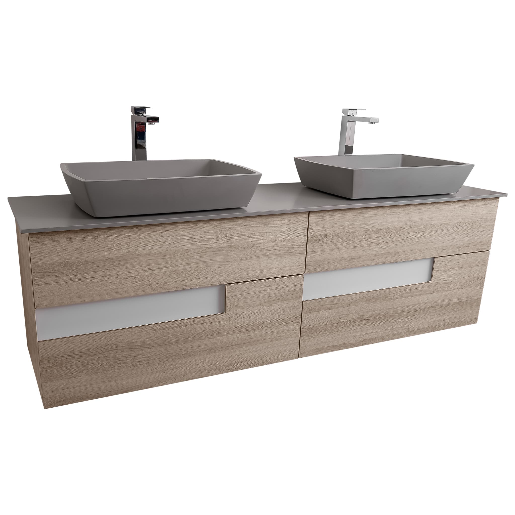 Vision 72 Natural Light Wood Cabinet, Solid Surface Flat Grey Counter And Two Square Solid Surface Grey Basin 1316, Wall Mounted Modern Vanity Set
