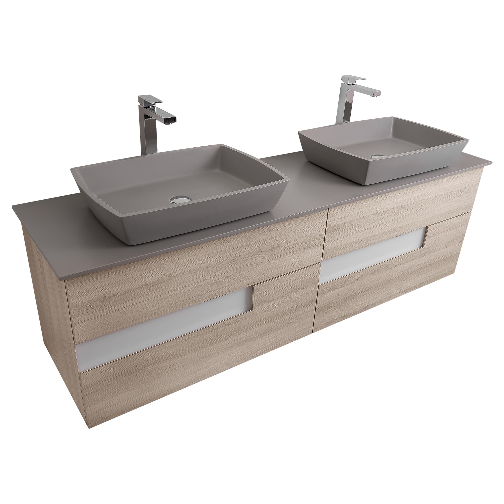 Vision 72 Natural Light Wood Cabinet, Solid Surface Flat Grey Counter And Two Square Solid Surface Grey Basin 1316, Wall Mounted Modern Vanity Set