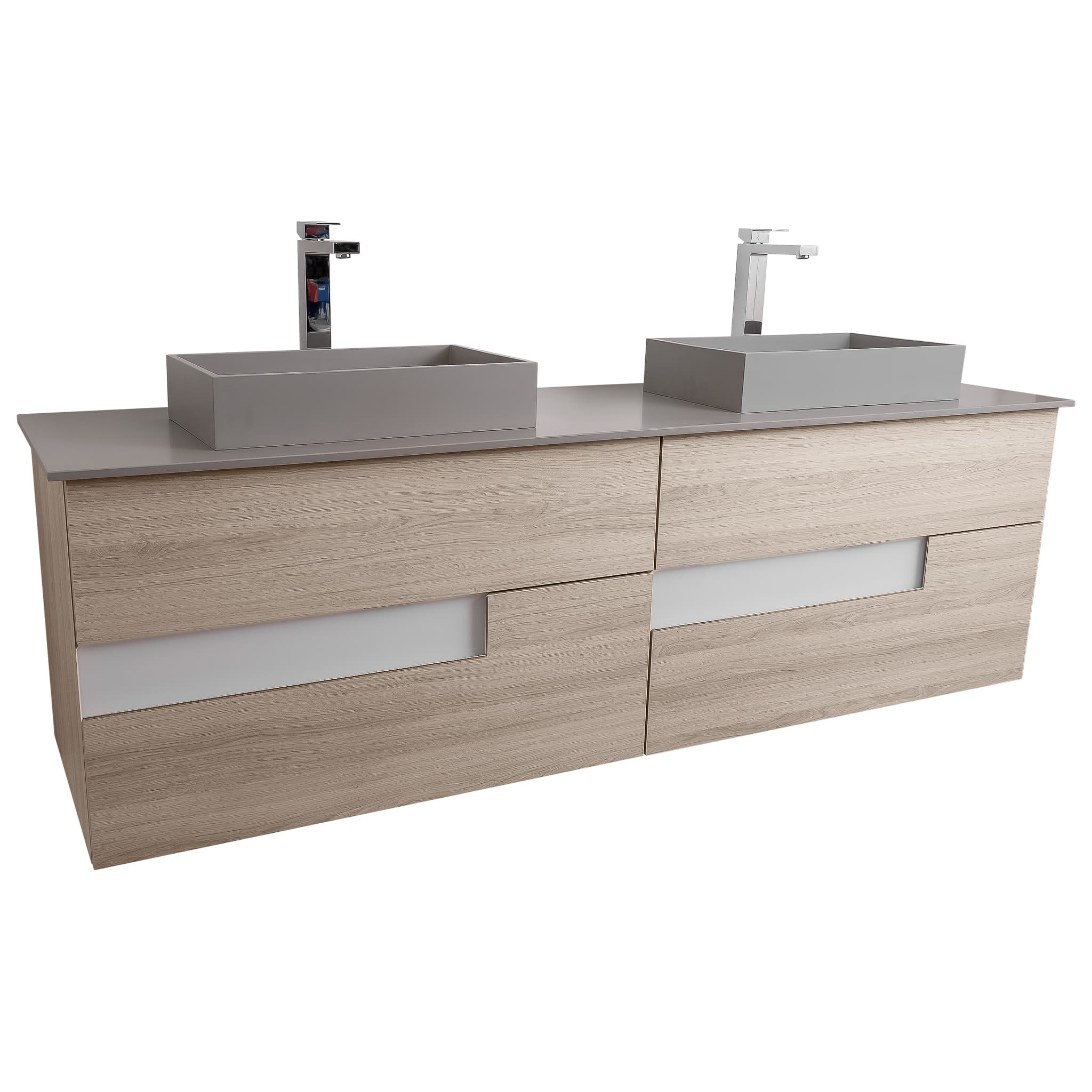 Vision 72 Natural Light Wood Cabinet, Solid Surface Flat Grey Counter And Two Infinity Square Solid Surface Grey Basin 1329, Wall Mounted Modern Vanity Set