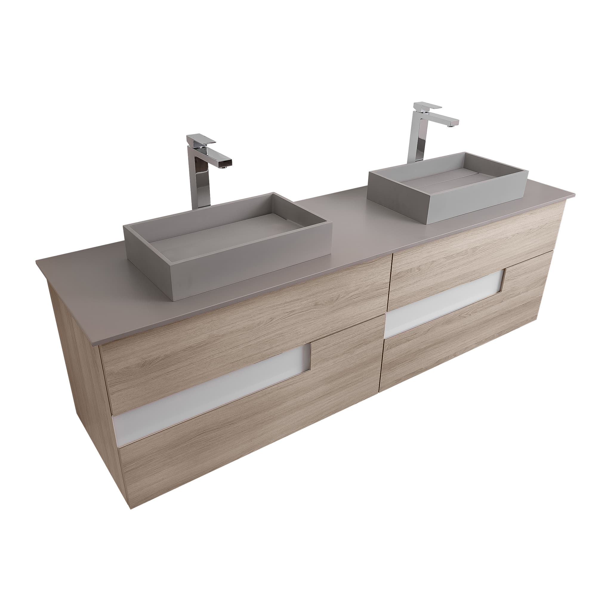 Vision 72 Natural Light Wood Cabinet, Solid Surface Flat Grey Counter And Two Infinity Square Solid Surface Grey Basin 1329, Wall Mounted Modern Vanity Set
