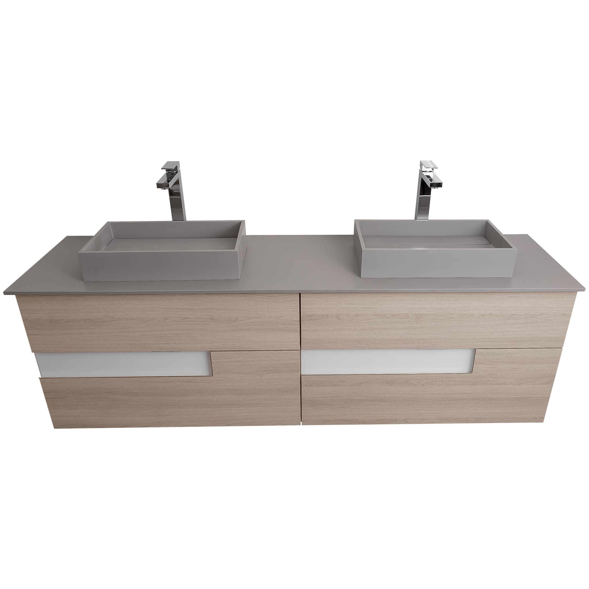 Vision 72 Natural Light Wood Cabinet, Solid Surface Flat Grey Counter And Two Infinity Square Solid Surface Grey Basin 1329, Wall Mounted Modern Vanity Set