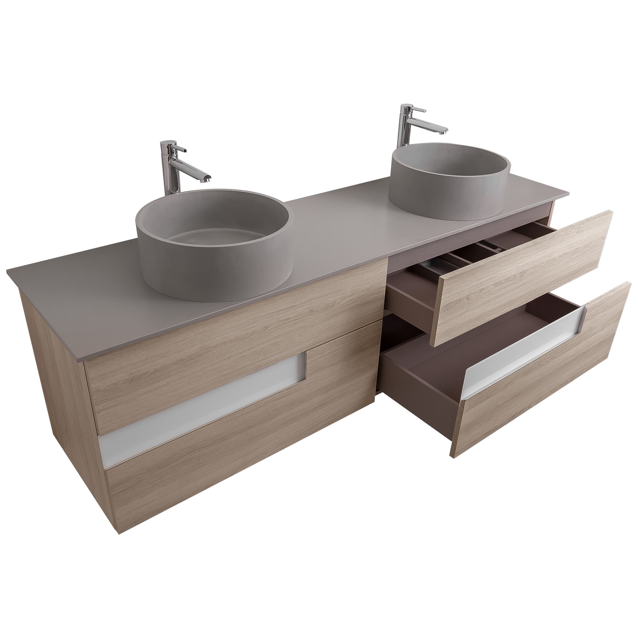 Vision 72 Natural Light Wood, Solid Surface Flat Grey Counter And Two Round Solid Surface Grey Basin 1386, Wall Mounted Modern Vanity Set