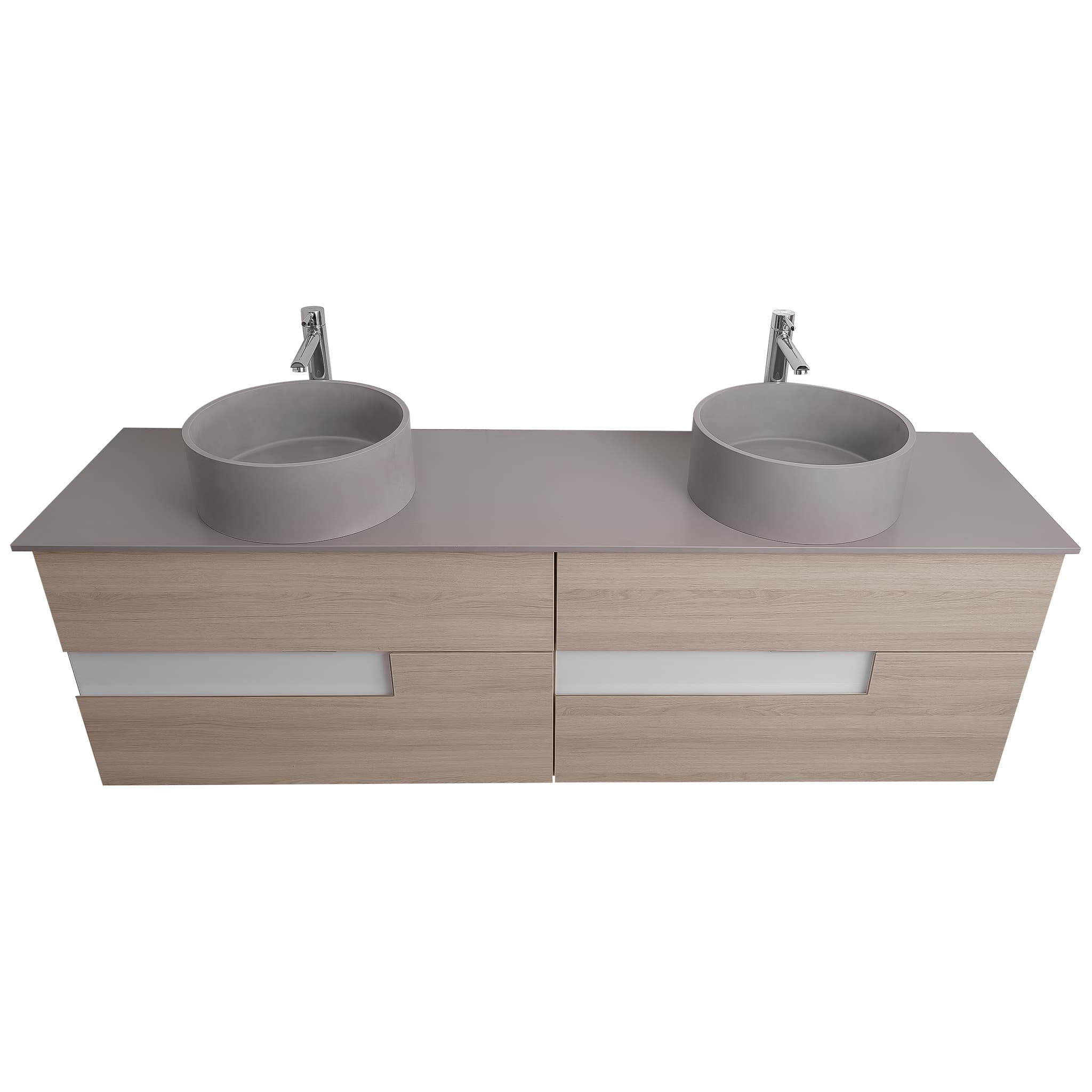 Vision 72 Natural Light Wood, Solid Surface Flat Grey Counter And Two Round Solid Surface Grey Basin 1386, Wall Mounted Modern Vanity Set