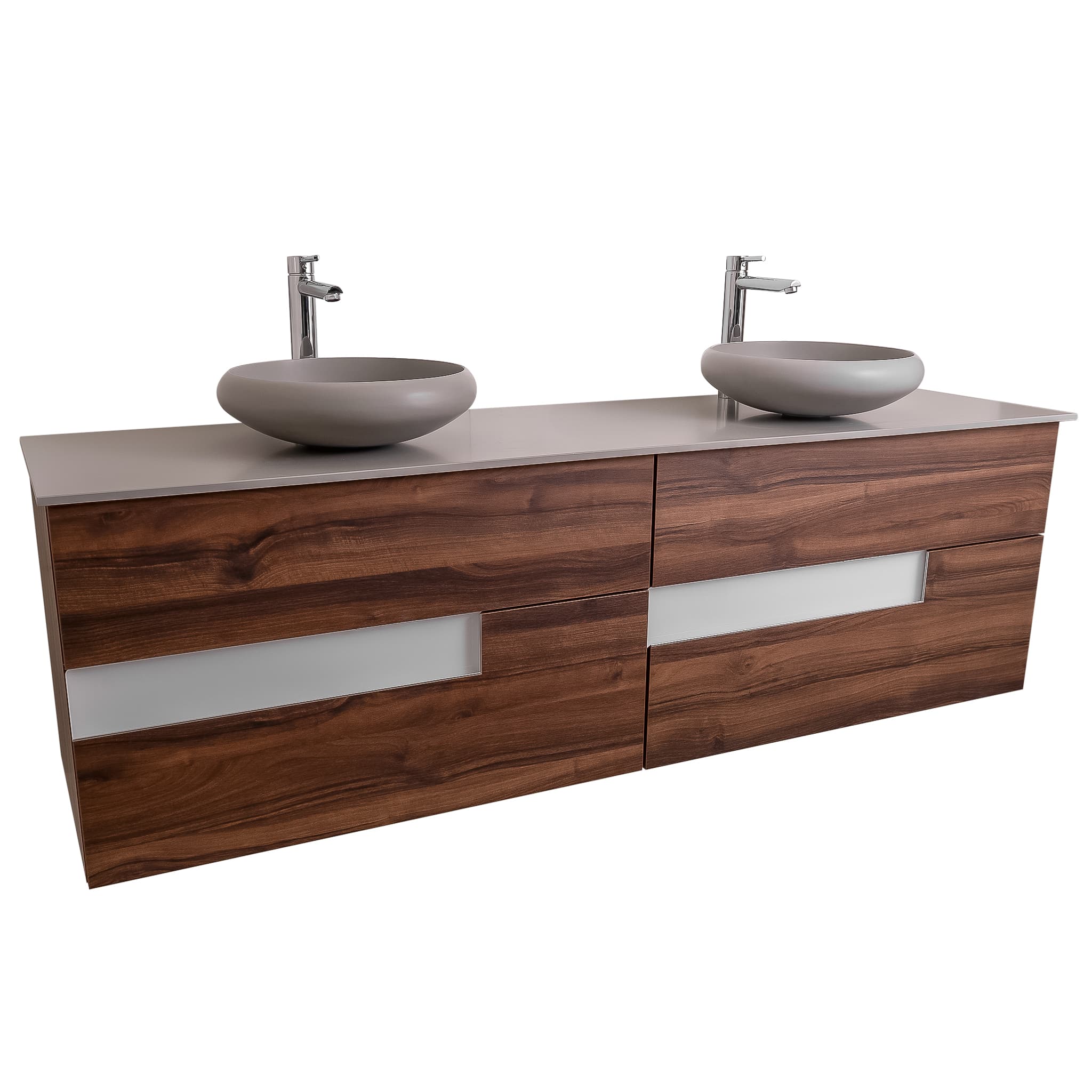 Vision 72 Valenti Medium Brown Wood Cabinet, Solid Surface Flat Grey Counter And Two Round Solid Surface Grey Basin 1153, Wall Mounted Modern Vanity Set