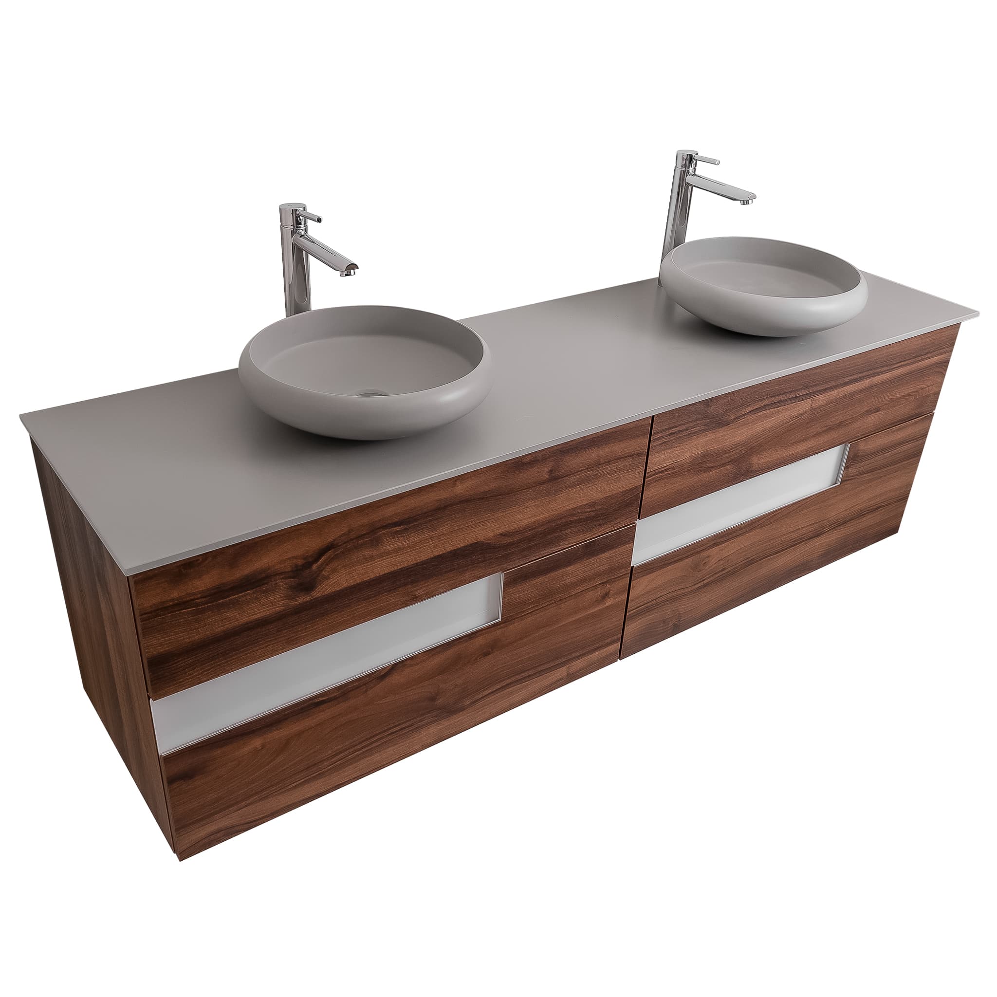 Vision 72 Valenti Medium Brown Wood Cabinet, Solid Surface Flat Grey Counter And Two Round Solid Surface Grey Basin 1153, Wall Mounted Modern Vanity Set