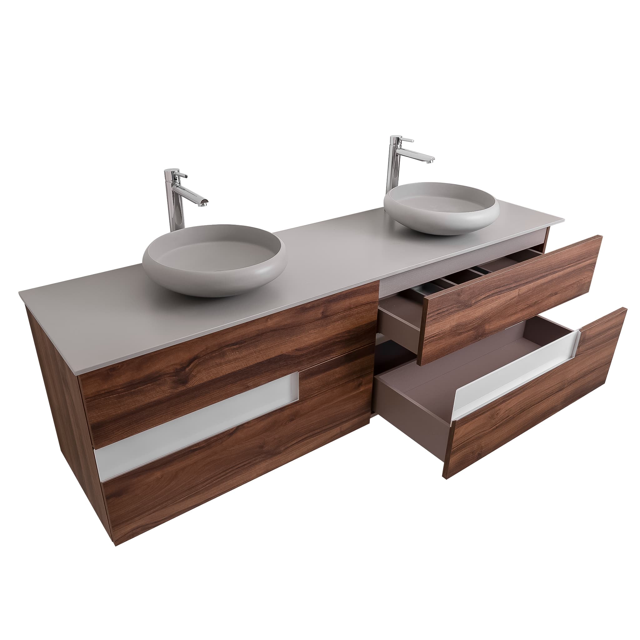 Vision 72 Valenti Medium Brown Wood Cabinet, Solid Surface Flat Grey Counter And Two Round Solid Surface Grey Basin 1153, Wall Mounted Modern Vanity Set