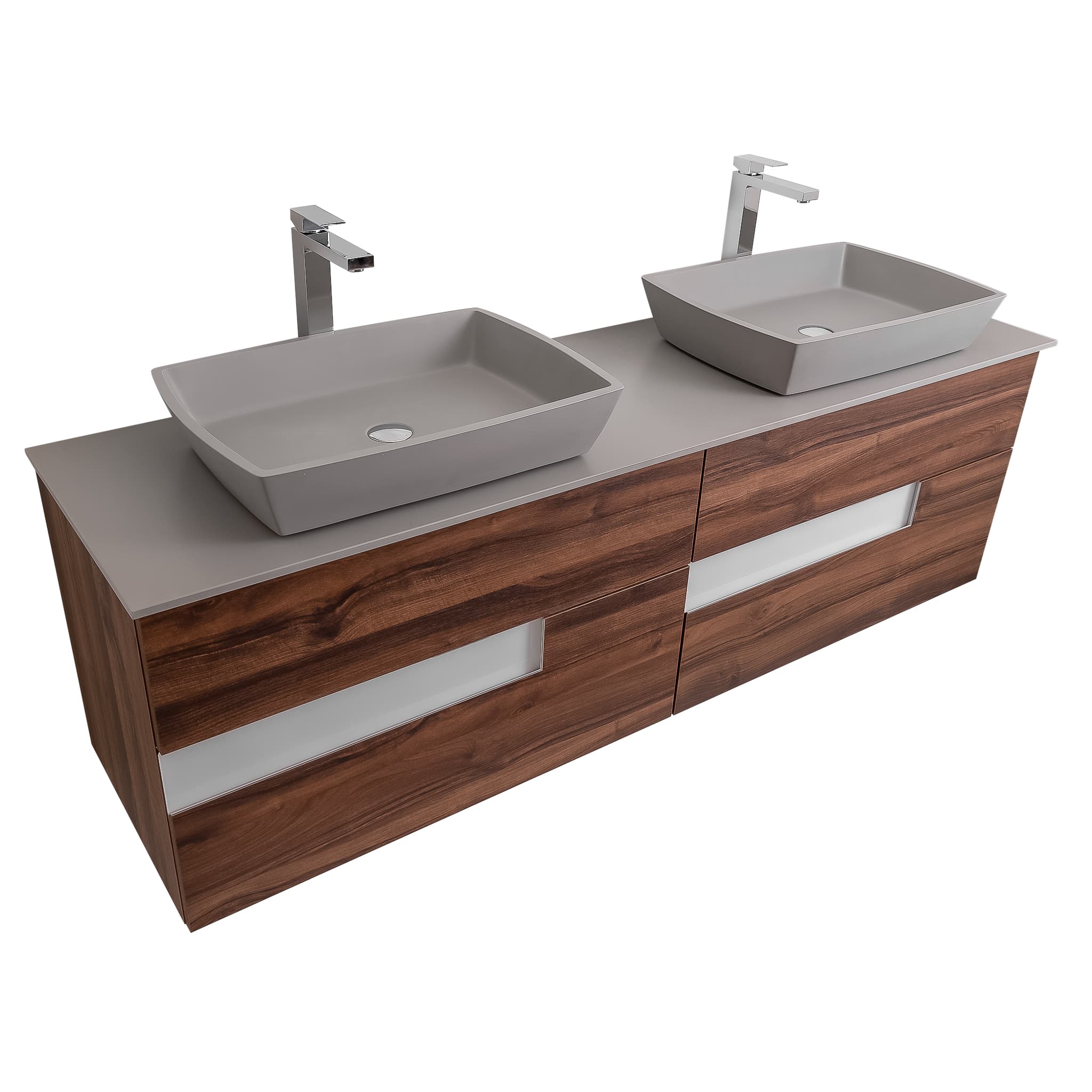 Vision 72 Valenti Medium Brown Wood Cabinet, Solid Surface Flat Grey Counter And Two Square Solid Surface Grey Basin 1316, Wall Mounted Modern Vanity Set