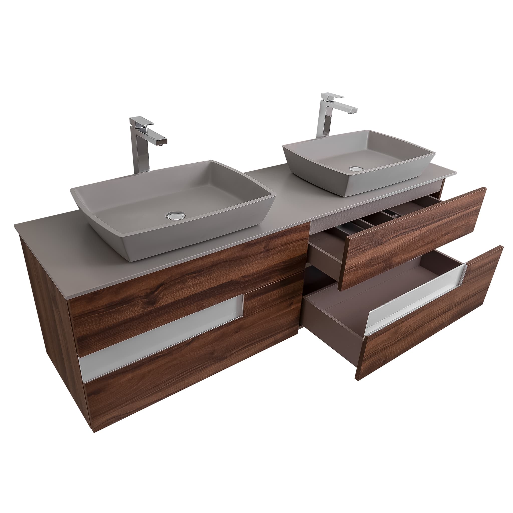Vision 72 Valenti Medium Brown Wood Cabinet, Solid Surface Flat Grey Counter And Two Square Solid Surface Grey Basin 1316, Wall Mounted Modern Vanity Set
