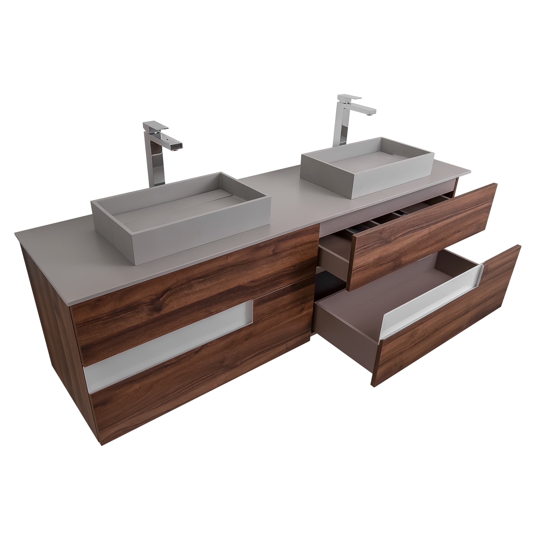 Vision 72 Valenti Medium Brown Wood Cabinet, Solid Surface Flat Grey Counter And Two Infinity Square Solid Surface Grey Basin 1329, Wall Mounted Modern Vanity Set