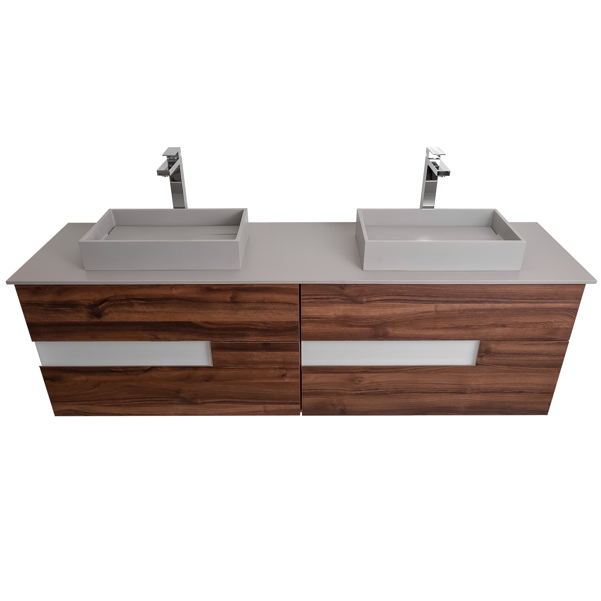 Vision 72 Valenti Medium Brown Wood Cabinet, Solid Surface Flat Grey Counter And Two Infinity Square Solid Surface Grey Basin 1329, Wall Mounted Modern Vanity Set