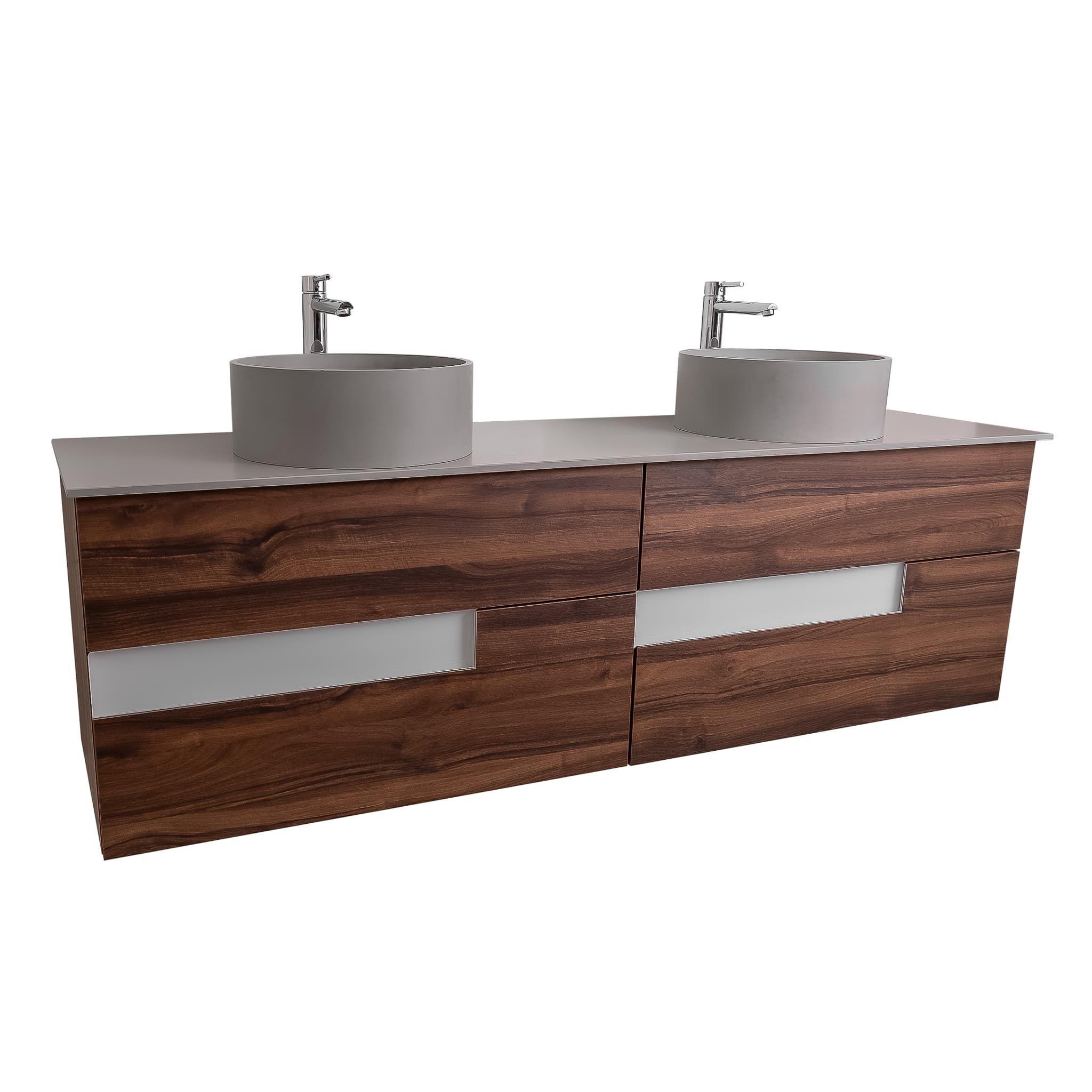 Vision 72 Valenti Medium Brown Wood, Solid Surface Flat Grey Counter And Two Round Solid Surface Grey Basin 1386, Wall Mounted Modern Vanity Set